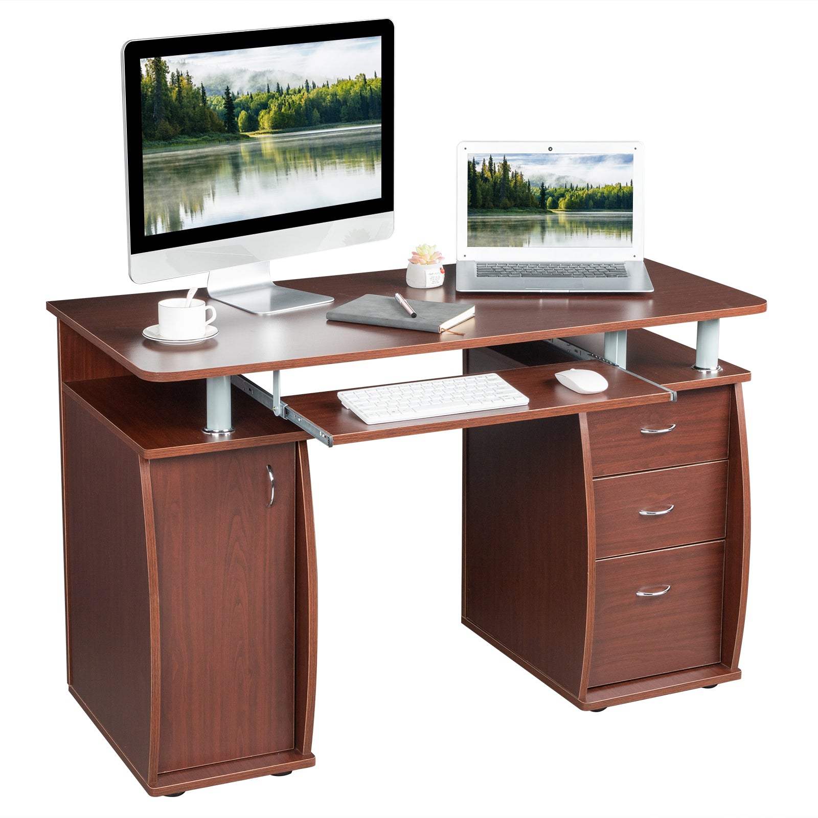 HAOYYE Portable Computer Desk with 1 Door and 3 Drawers, 15mm MDF, Coffee Color, Sturdy and Spacious Workstation