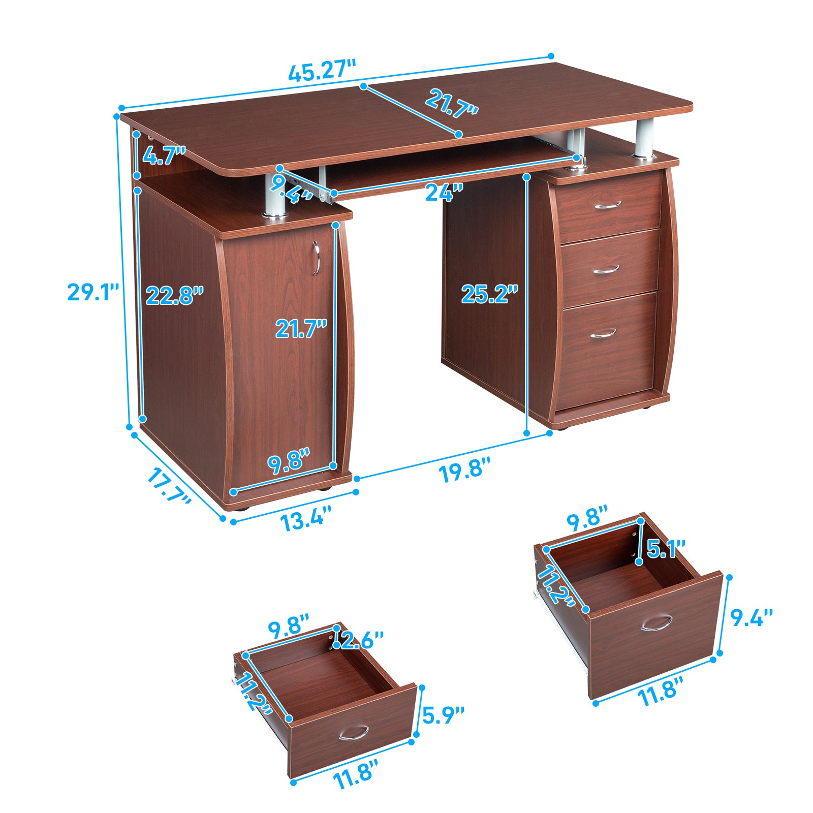 HAOYYE Portable Computer Desk with 1 Door and 3 Drawers, 15mm MDF, Coffee Color, Sturdy and Spacious Workstation