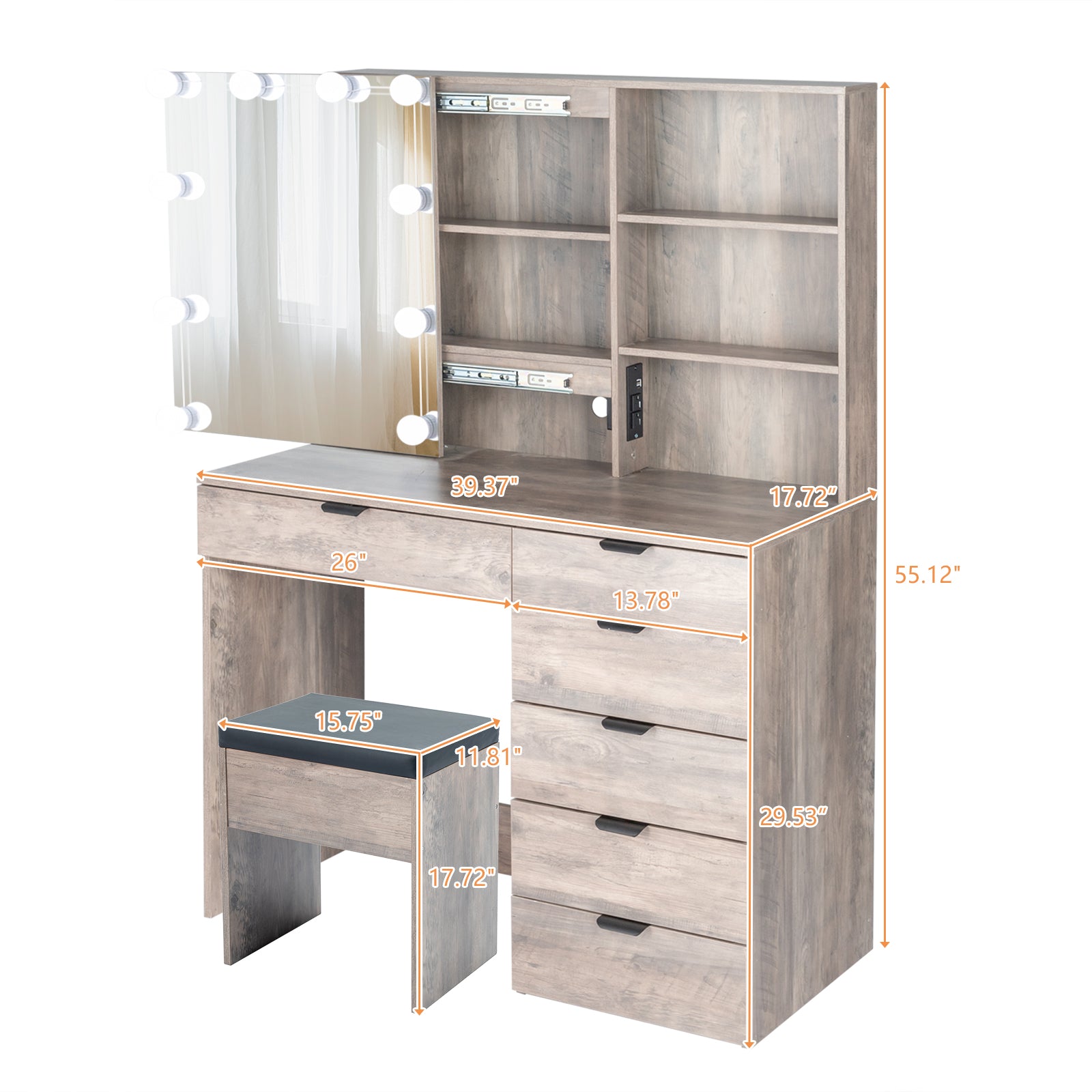 HAOYYE Vanity Dressing Table Set with Mirror Cabinet, 6 Drawers, 2 Shelves, 3-Tone LED Light Bulbs, Makeup Desk with Storage and Stool, Modern Triamine Veneer Particleboard Beauty Station for Bedroom, Elegant Makeup Vanity for Women