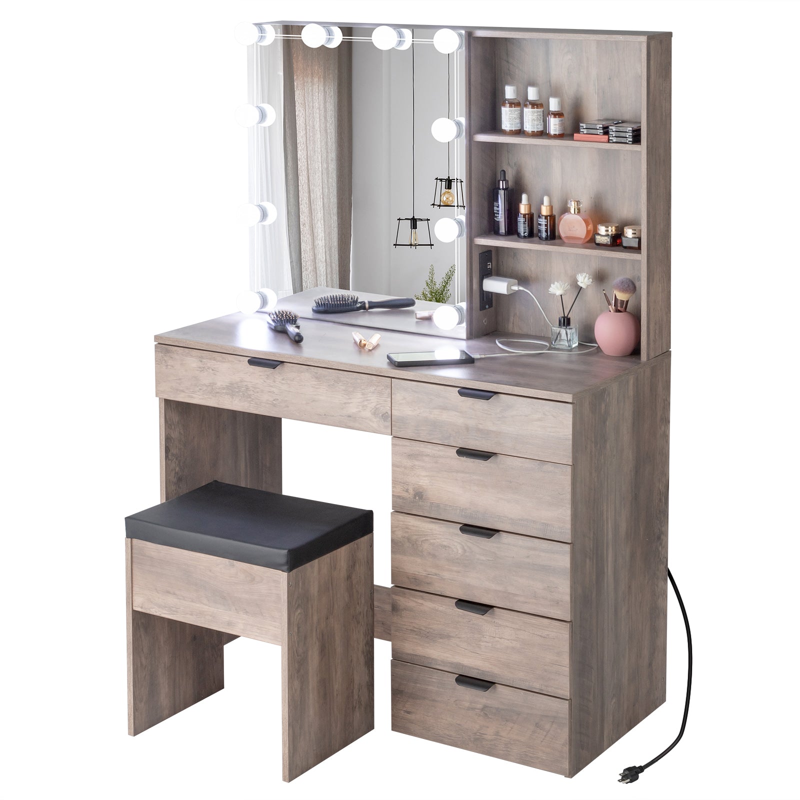 HAOYYE Vanity Dressing Table Set with Mirror Cabinet, 6 Drawers, 2 Shelves, 3-Tone LED Light Bulbs, Makeup Desk with Storage and Stool, Modern Triamine Veneer Particleboard Beauty Station for Bedroom, Elegant Makeup Vanity for Women