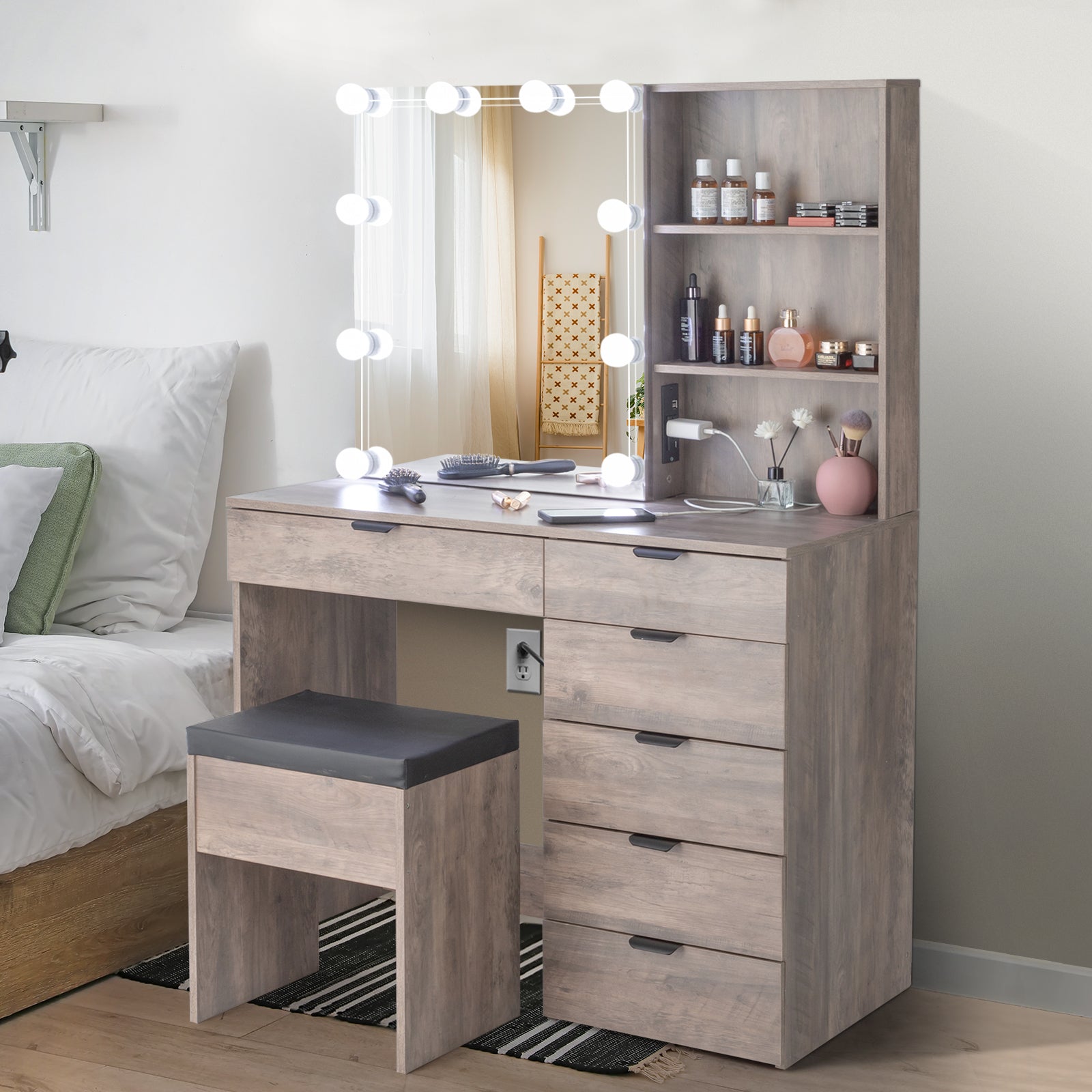 HAOYYE Vanity Dressing Table Set with Mirror Cabinet, 6 Drawers, 2 Shelves, 3-Tone LED Light Bulbs, Makeup Desk with Storage and Stool, Modern Triamine Veneer Particleboard Beauty Station for Bedroom, Elegant Makeup Vanity for Women