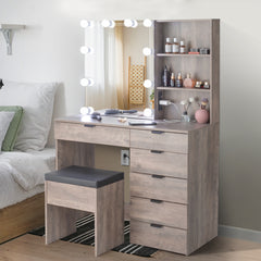 HAOYYE Vanity Dressing Table Set with Mirror Cabinet, 6 Drawers, 2 Shelves, 3-Tone LED Light Bulbs, Makeup Desk with Storage and Stool, Modern Triamine Veneer Particleboard Beauty Station for Bedroom, Elegant Makeup Vanity for Women
