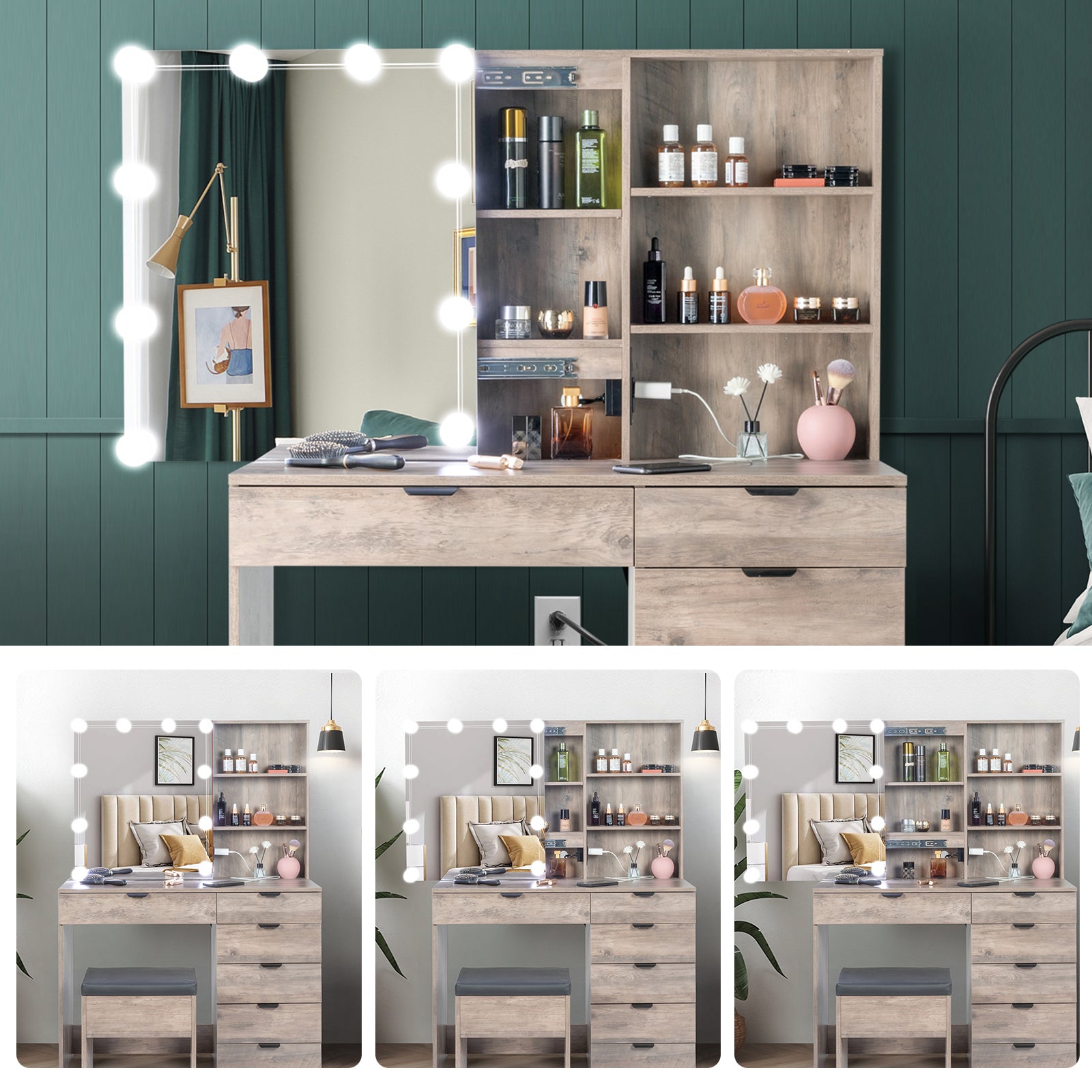 HAOYYE Vanity Dressing Table Set with Mirror Cabinet, 6 Drawers, 2 Shelves, 3-Tone LED Light Bulbs, Makeup Desk with Storage and Stool, Modern Triamine Veneer Particleboard Beauty Station for Bedroom, Elegant Makeup Vanity for Women