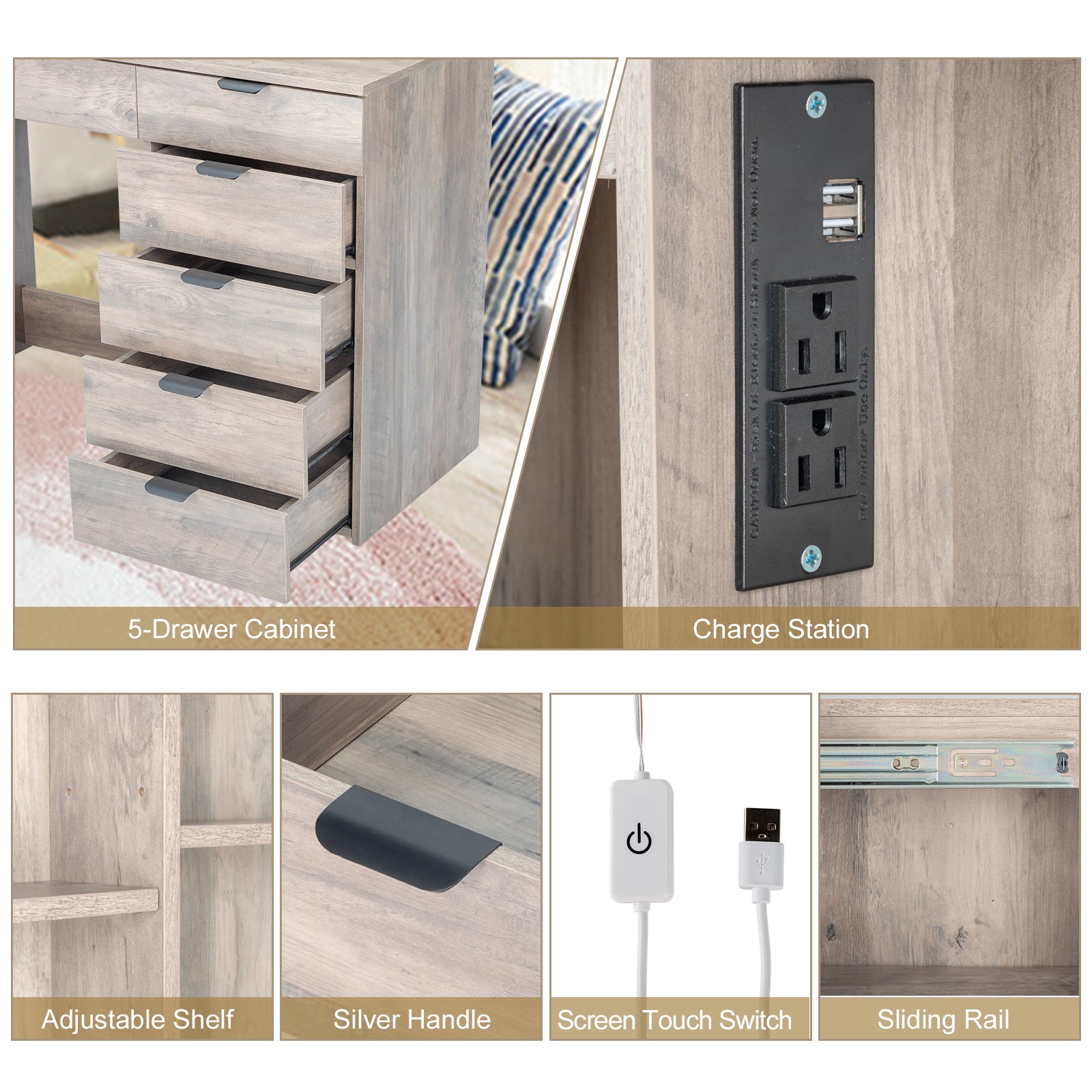 HAOYYE Vanity Dressing Table Set with Mirror Cabinet, 6 Drawers, 2 Shelves, 3-Tone LED Light Bulbs, Makeup Desk with Storage and Stool, Modern Triamine Veneer Particleboard Beauty Station for Bedroom, Elegant Makeup Vanity for Women