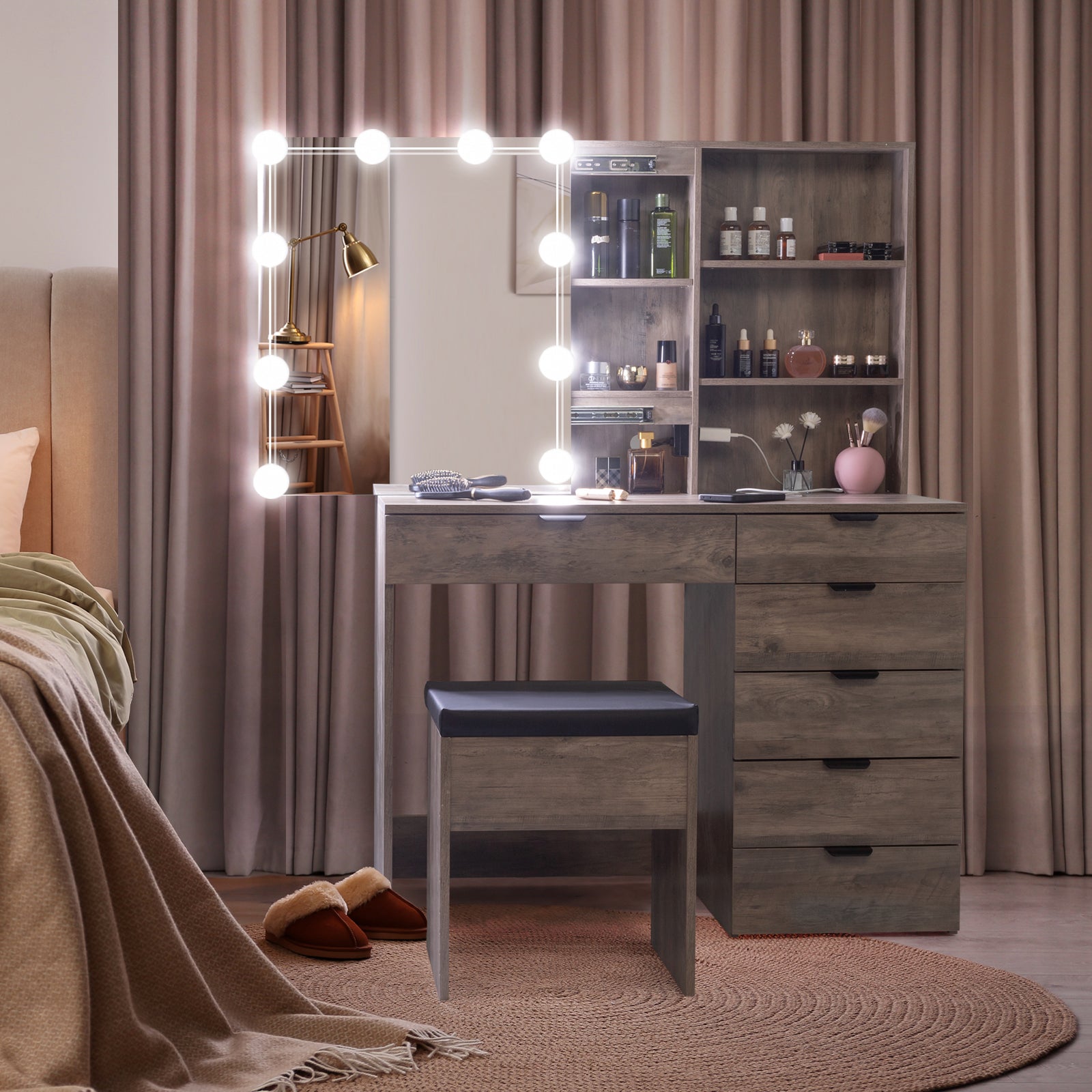HAOYYE Vanity Dressing Table Set with Mirror Cabinet, 6 Drawers, 2 Shelves, 3-Tone LED Light Bulbs, Makeup Desk with Storage and Stool, Modern Triamine Veneer Particleboard Beauty Station for Bedroom, Elegant Makeup Vanity for Women