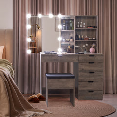 HAOYYE Vanity Dressing Table Set with Mirror Cabinet, 6 Drawers, 2 Shelves, 3-Tone LED Light Bulbs, Makeup Desk with Storage and Stool, Modern Triamine Veneer Particleboard Beauty Station for Bedroom, Elegant Makeup Vanity for Women