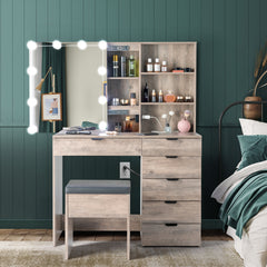 HAOYYE Vanity Dressing Table Set with Mirror Cabinet, 6 Drawers, 2 Shelves, 3-Tone LED Light Bulbs, Makeup Desk with Storage and Stool, Modern Triamine Veneer Particleboard Beauty Station for Bedroom, Elegant Makeup Vanity for Women