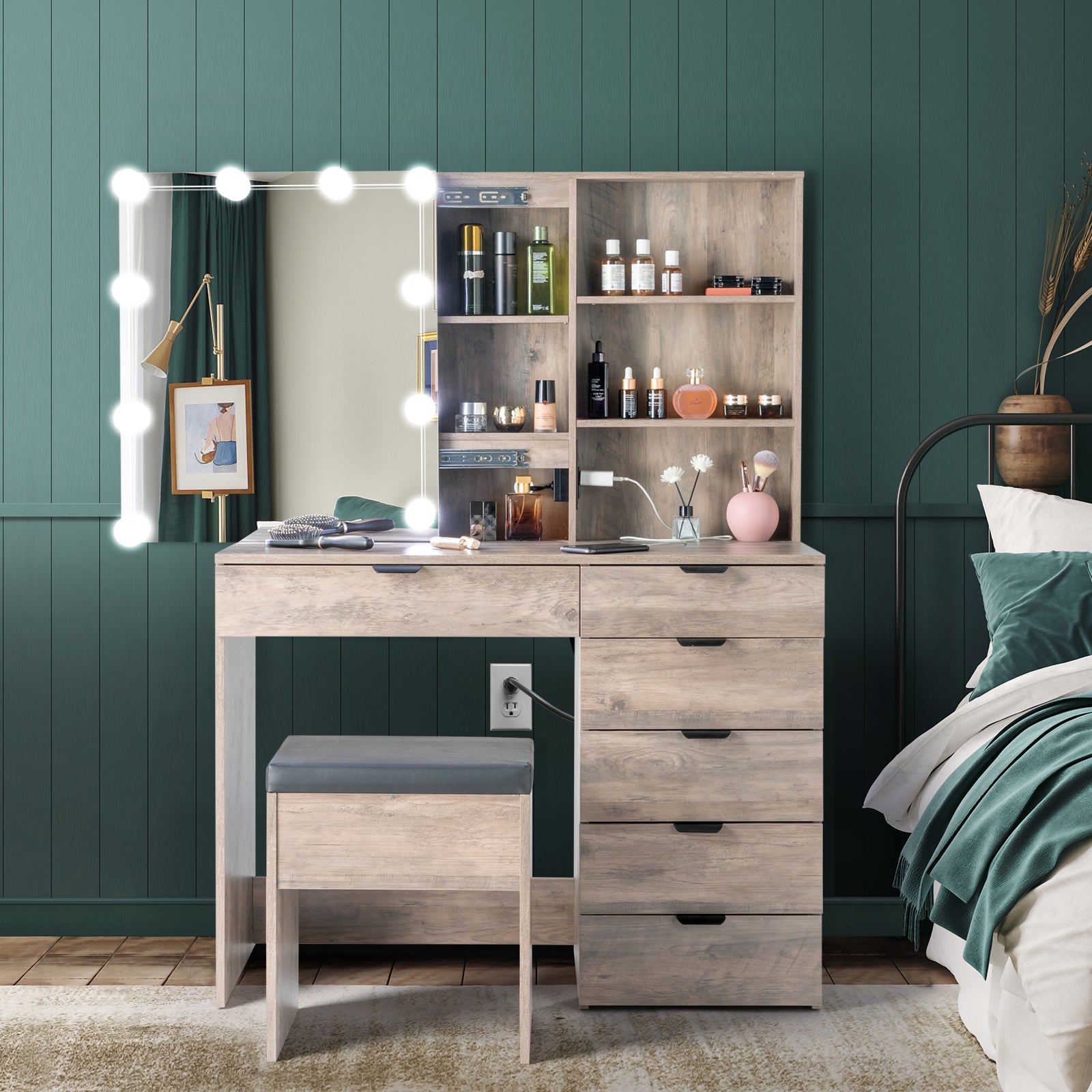 HAOYYE Vanity Dressing Table Set with Mirror Cabinet, 6 Drawers, 2 Shelves, 3-Tone LED Light Bulbs, Makeup Desk with Storage and Stool, Modern Triamine Veneer Particleboard Beauty Station for Bedroom, Elegant Makeup Vanity for Women