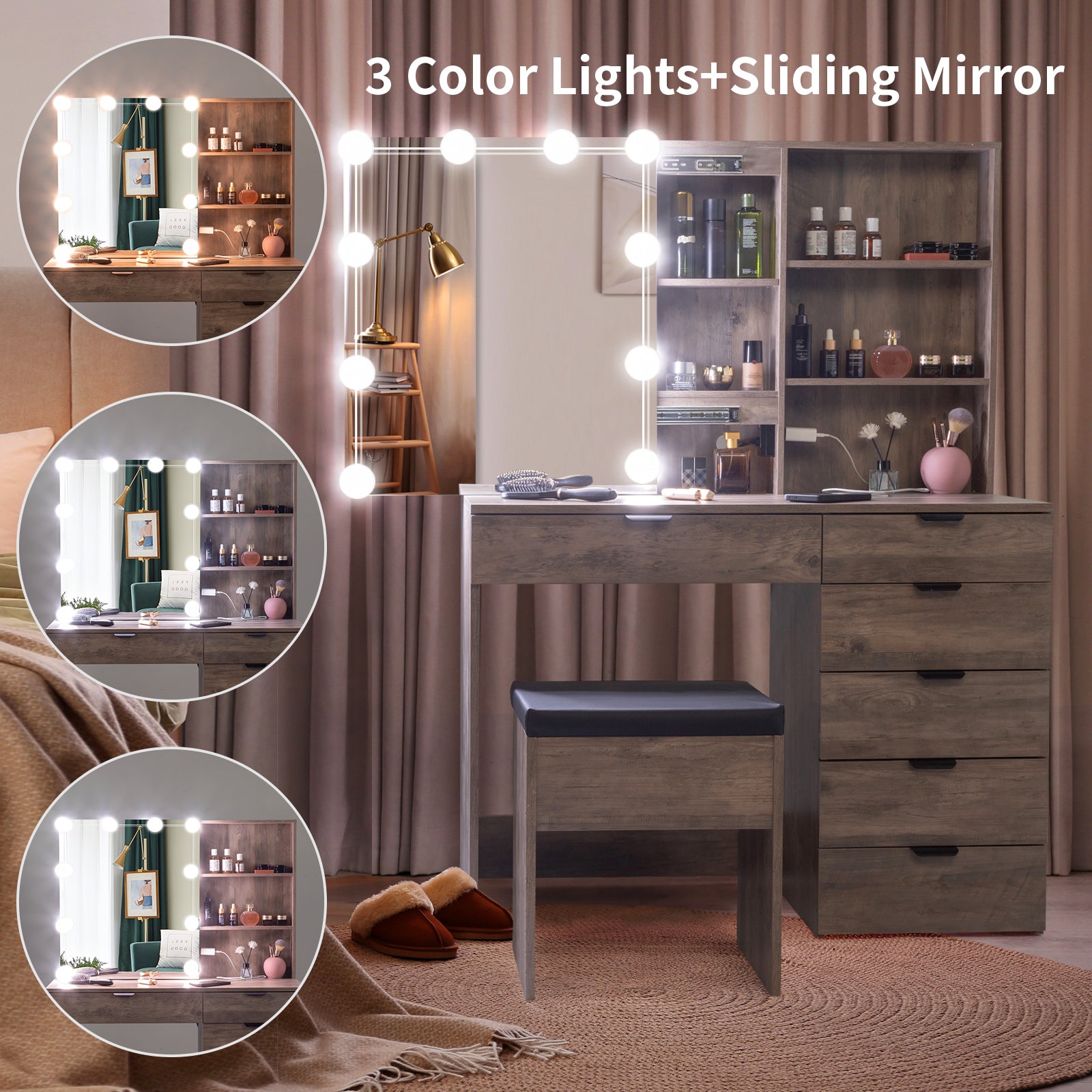 HAOYYE Vanity Dressing Table Set with Mirror Cabinet, 6 Drawers, 2 Shelves, 3-Tone LED Light Bulbs, Makeup Desk with Storage and Stool, Modern Triamine Veneer Particleboard Beauty Station for Bedroom, Elegant Makeup Vanity for Women