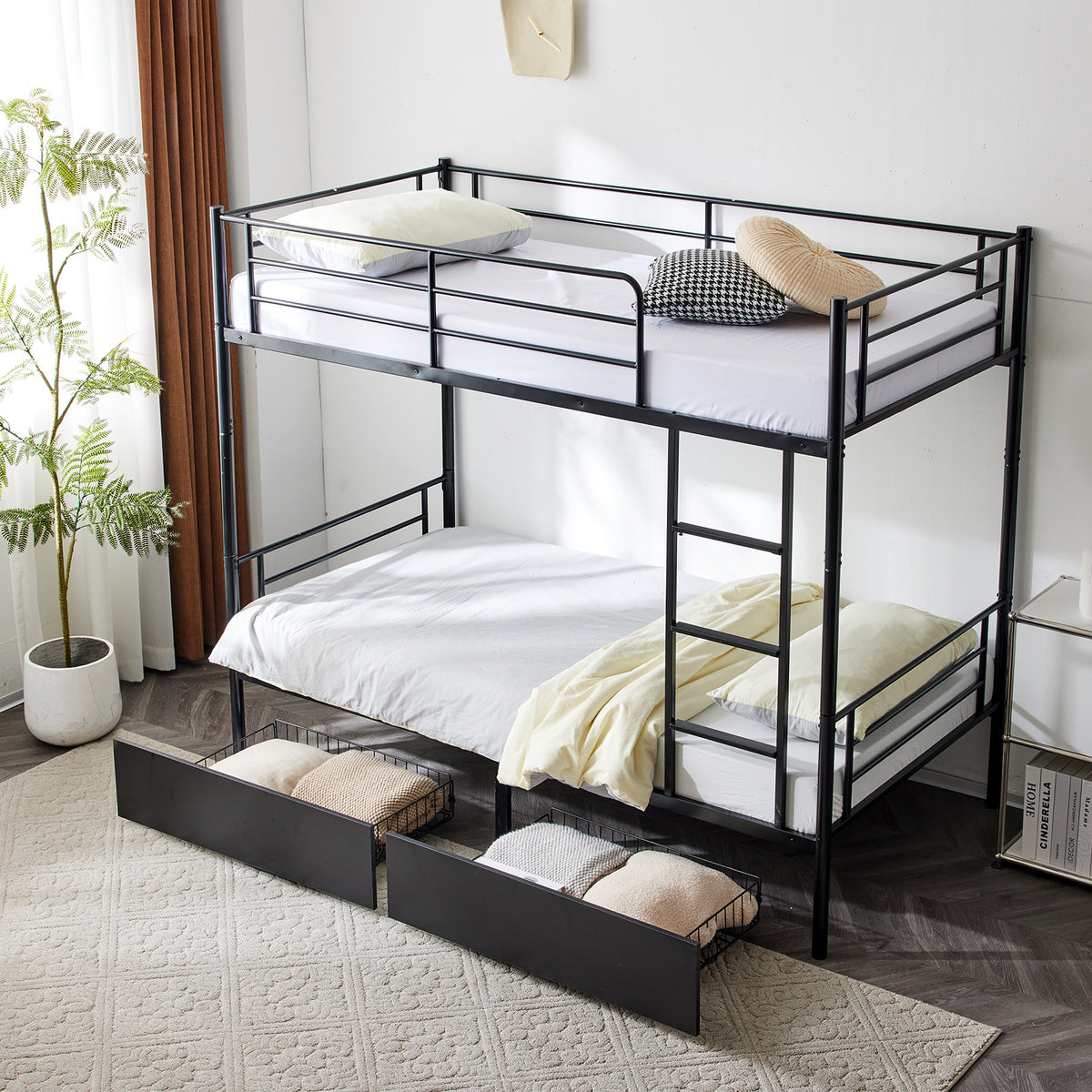 HAOYYE Twin Over Twin Convertible Bunk Bed with 2 Storage Drawers, Metal Frame, Separates into Two Daybeds, Space-Saving Design for Kids, Teens, and Adults, Sturdy with Safety Guardrails, No Box Spring Needed, Black