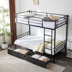 HAOYYE Twin Over Twin Convertible Bunk Bed with 2 Storage Drawers, Metal Frame, Separates into Two Daybeds, Space-Saving Design for Kids, Teens, and Adults, Sturdy with Safety Guardrails, No Box Spring Needed, Black