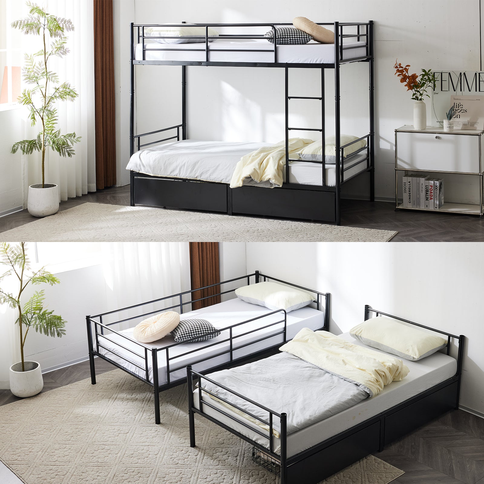 HAOYYE Twin Over Twin Convertible Bunk Bed with 2 Storage Drawers, Metal Frame, Separates into Two Daybeds, Space-Saving Design for Kids, Teens, and Adults, Sturdy with Safety Guardrails, No Box Spring Needed, Black