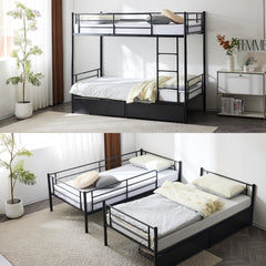 HAOYYE Twin Over Twin Convertible Bunk Bed with 2 Storage Drawers, Metal Frame, Separates into Two Daybeds, Space-Saving Design for Kids, Teens, and Adults, Sturdy with Safety Guardrails, No Box Spring Needed, Black