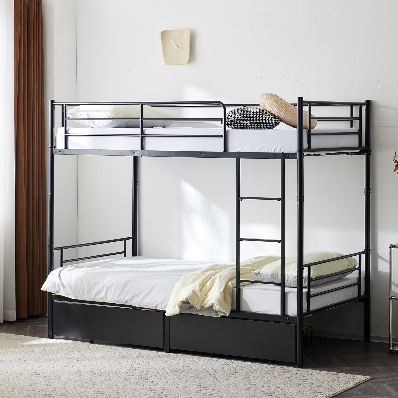 HAOYYE Twin Over Twin Convertible Bunk Bed with 2 Storage Drawers, Metal Frame, Separates into Two Daybeds, Space-Saving Design for Kids, Teens, and Adults, Sturdy with Safety Guardrails, No Box Spring Needed, Black
