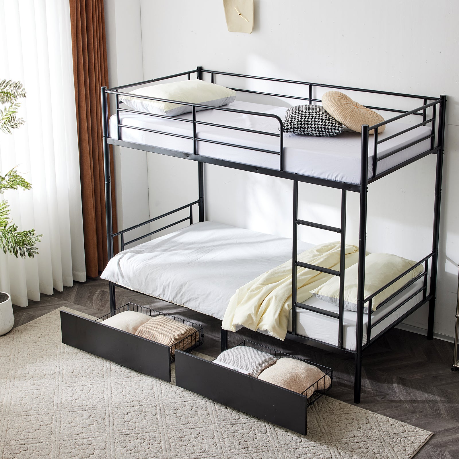 HAOYYE Twin Over Twin Convertible Bunk Bed with 2 Storage Drawers, Metal Frame, Separates into Two Daybeds, Space-Saving Design for Kids, Teens, and Adults, Sturdy with Safety Guardrails, No Box Spring Needed, Black