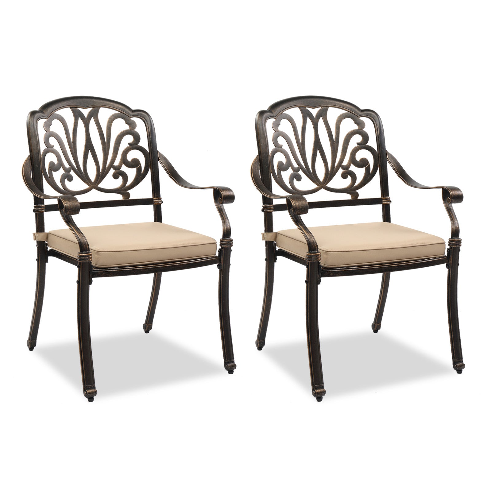 Haoyye Set of 2 Cast Aluminum Patio Dining Chairs with Cushions, Stackable Outdoor Bistro Chairs for Balcony, Backyard, Garden, Deck, Antique Bronze Finish, Weather Resistant Seating for Porch and Patio Use