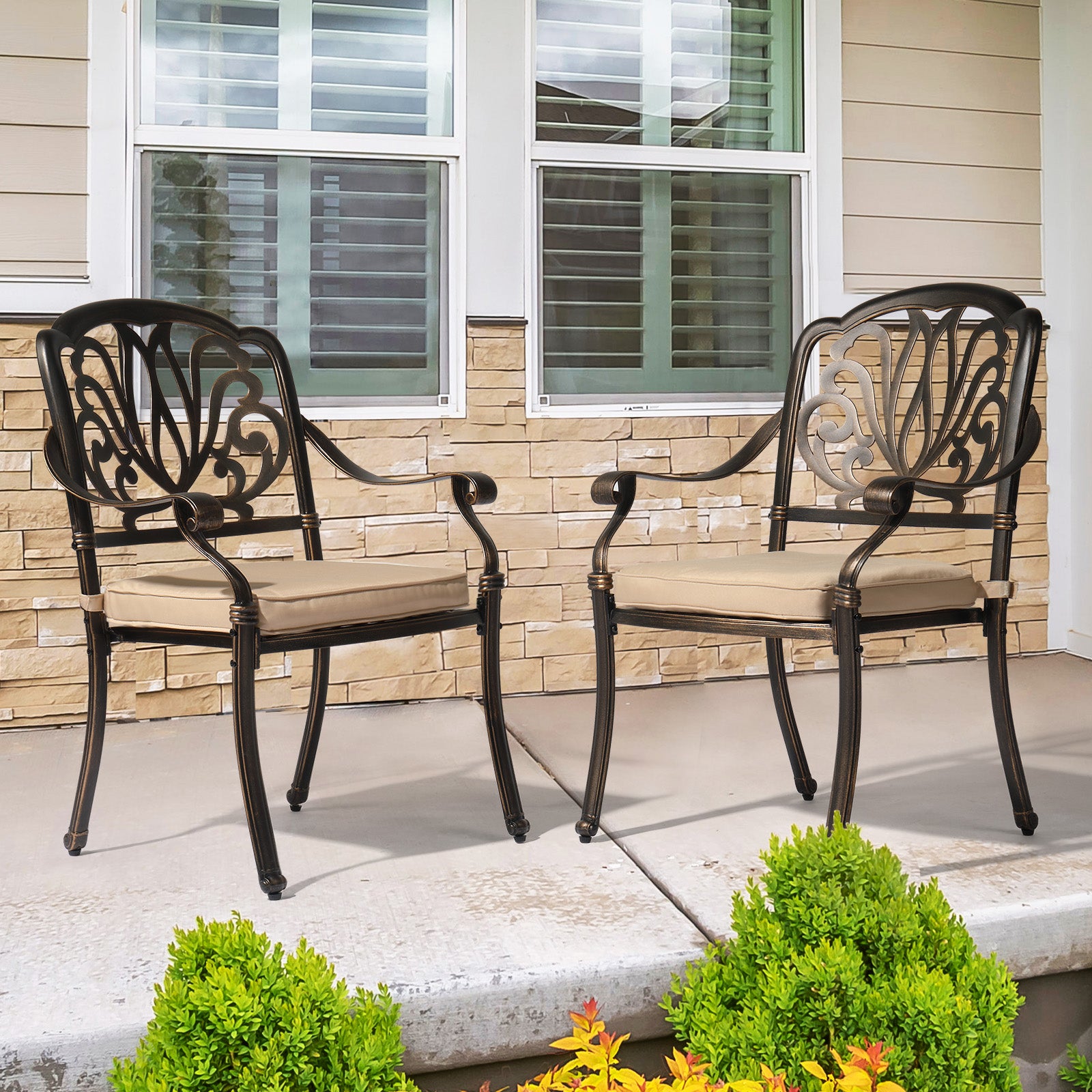 Haoyye Set of 2 Cast Aluminum Patio Dining Chairs with Cushions, Stackable Outdoor Bistro Chairs for Balcony, Backyard, Garden, Deck, Antique Bronze Finish, Weather Resistant Seating for Porch and Patio Use