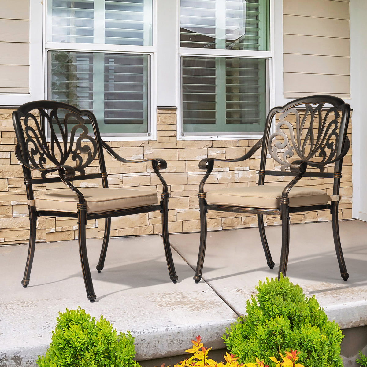 Haoyye Set of 2 Cast Aluminum Patio Dining Chairs with Cushions, Stackable Outdoor Bistro Chairs for Balcony, Backyard, Garden, Deck, Antique Bronze Finish, Weather Resistant Seating for Porch and Patio Use
