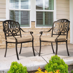 Haoyye Set of 2 Cast Aluminum Patio Dining Chairs with Cushions, Stackable Outdoor Bistro Chairs for Balcony, Backyard, Garden, Deck, Antique Bronze Finish, Weather Resistant Seating for Porch and Patio Use
