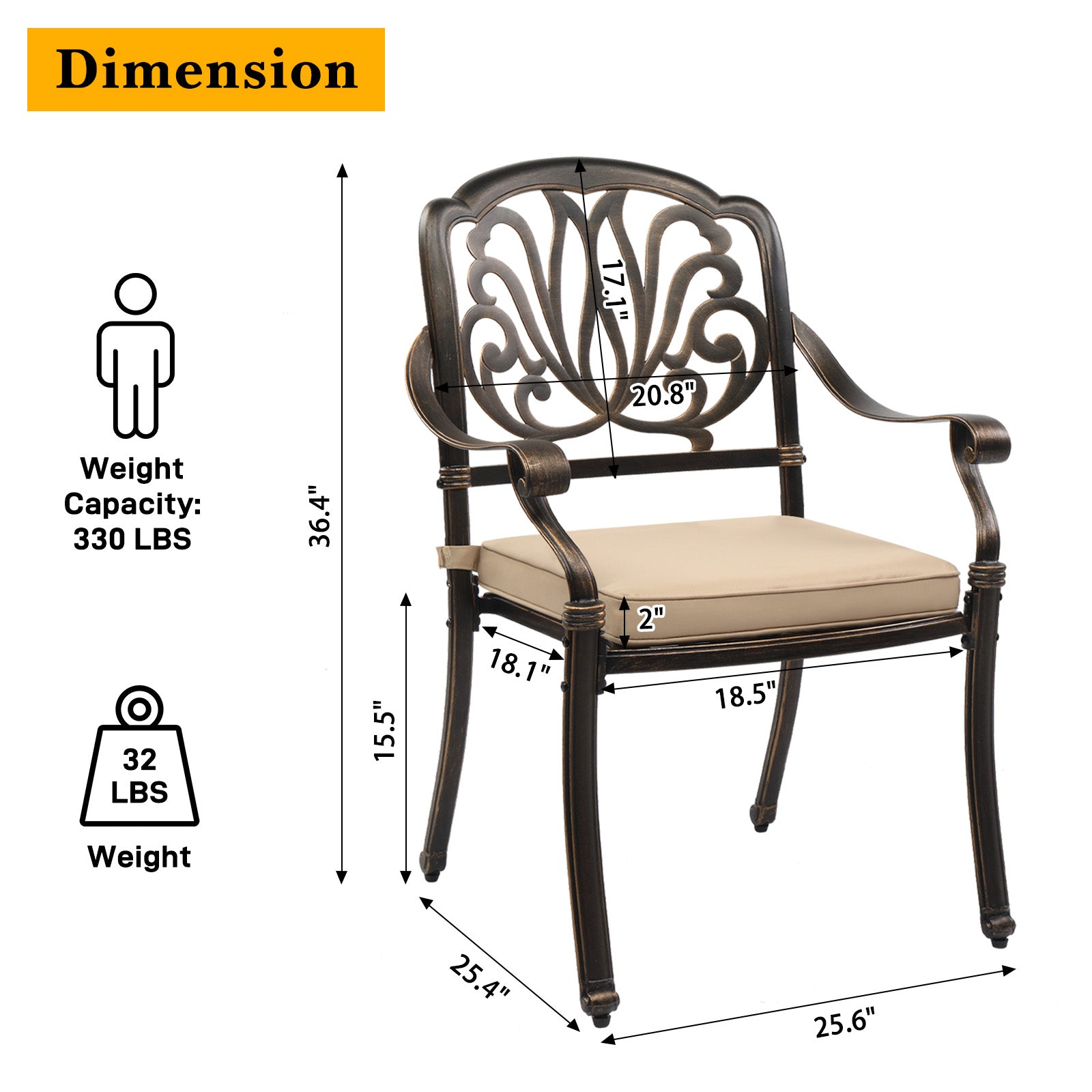 Haoyye Set of 2 Cast Aluminum Patio Dining Chairs with Cushions, Stackable Outdoor Bistro Chairs for Balcony, Backyard, Garden, Deck, Antique Bronze Finish, Weather Resistant Seating for Porch and Patio Use