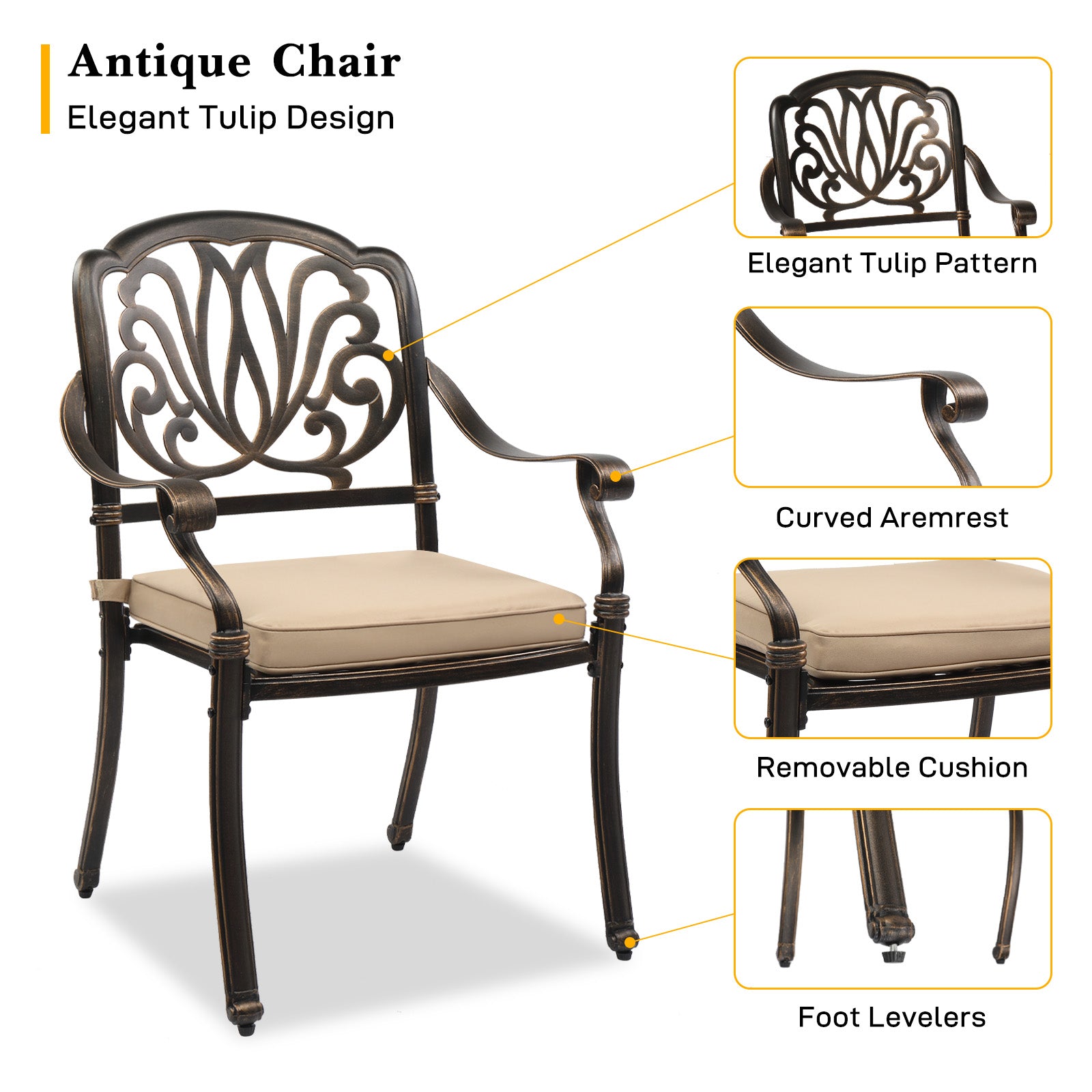 Haoyye Set of 2 Cast Aluminum Patio Dining Chairs with Cushions, Stackable Outdoor Bistro Chairs for Balcony, Backyard, Garden, Deck, Antique Bronze Finish, Weather Resistant Seating for Porch and Patio Use