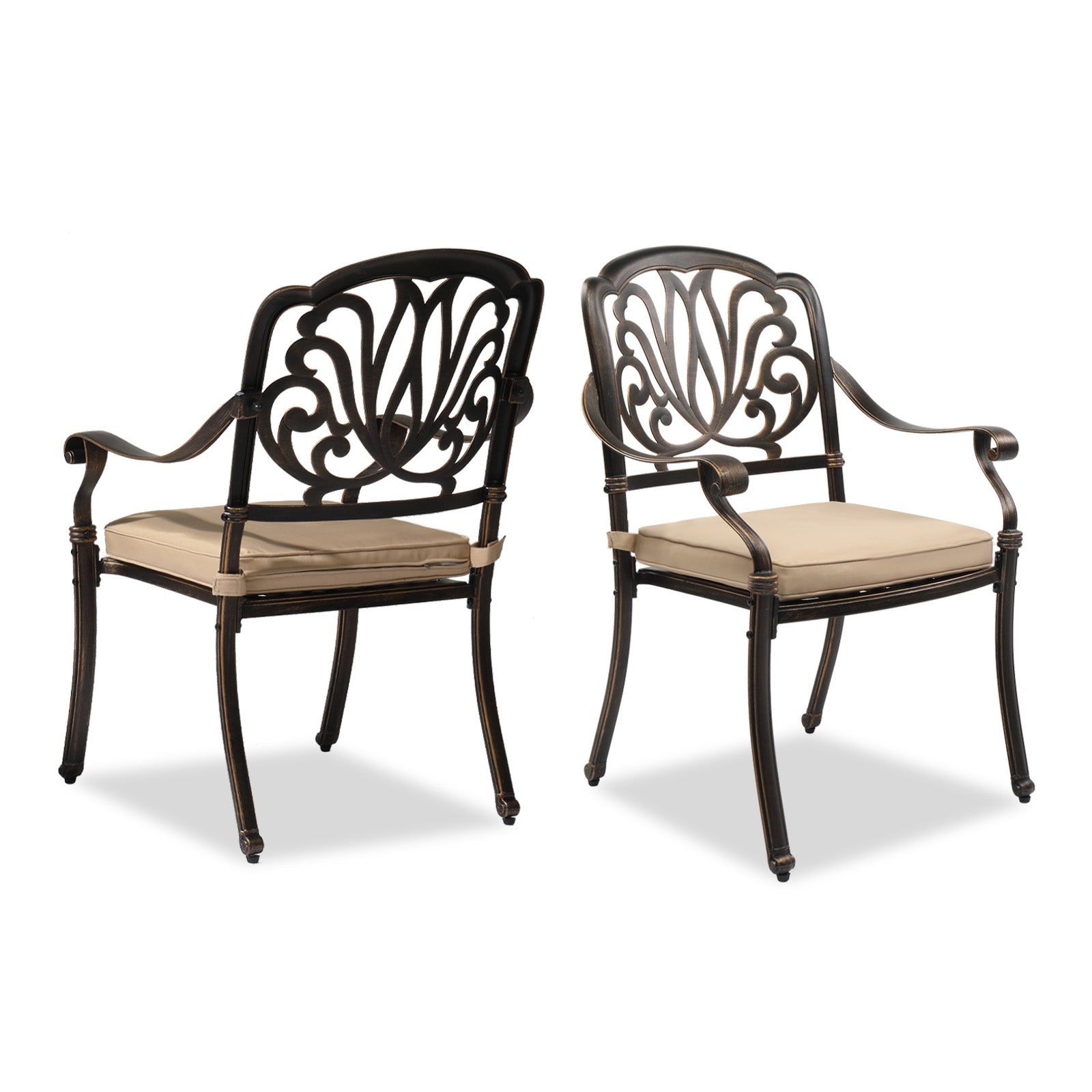 Haoyye Set of 2 Cast Aluminum Patio Dining Chairs with Cushions, Stackable Outdoor Bistro Chairs for Balcony, Backyard, Garden, Deck, Antique Bronze Finish, Weather Resistant Seating for Porch and Patio Use