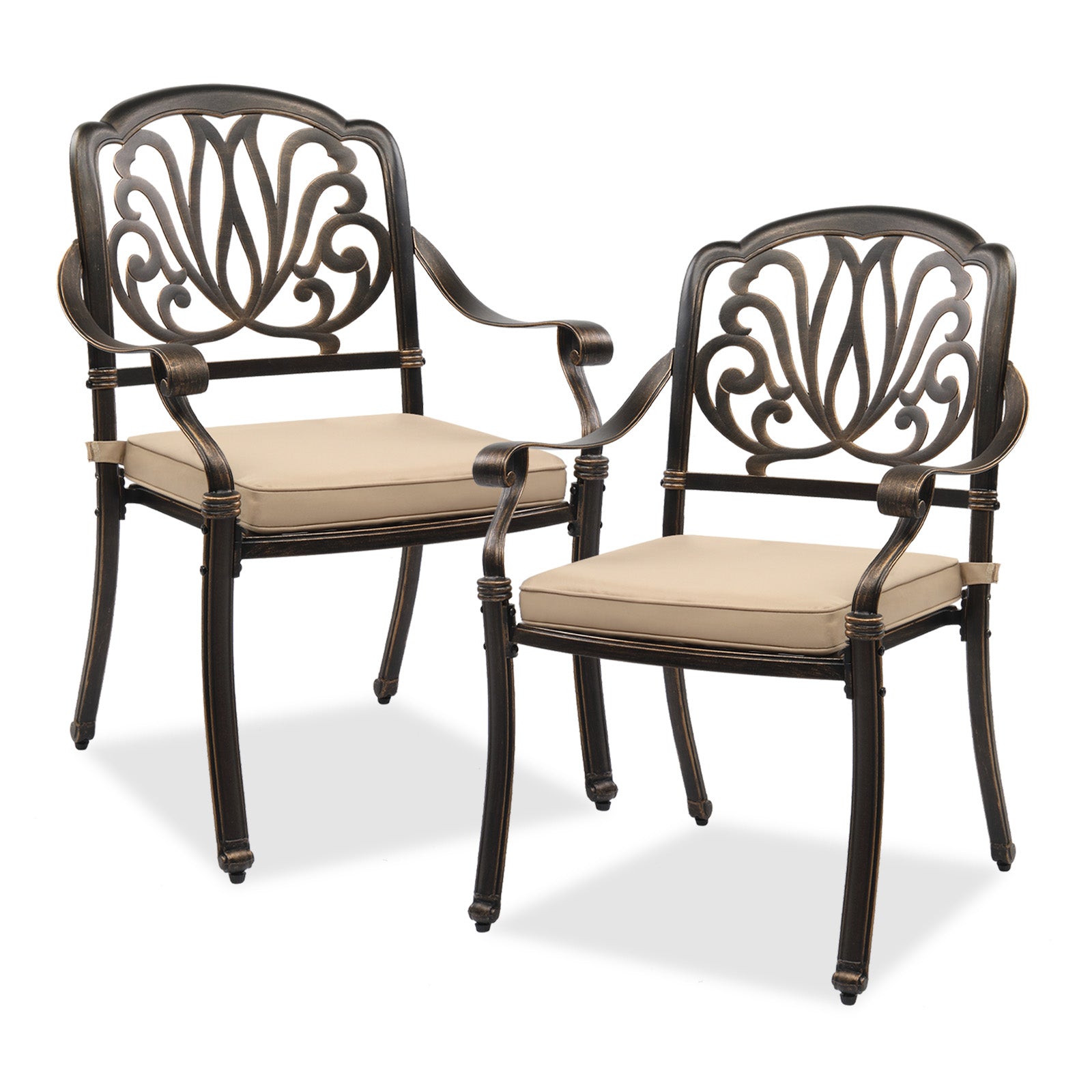 Haoyye Set of 2 Cast Aluminum Patio Dining Chairs with Cushions, Stackable Outdoor Bistro Chairs for Balcony, Backyard, Garden, Deck, Antique Bronze Finish, Weather Resistant Seating for Porch and Patio Use