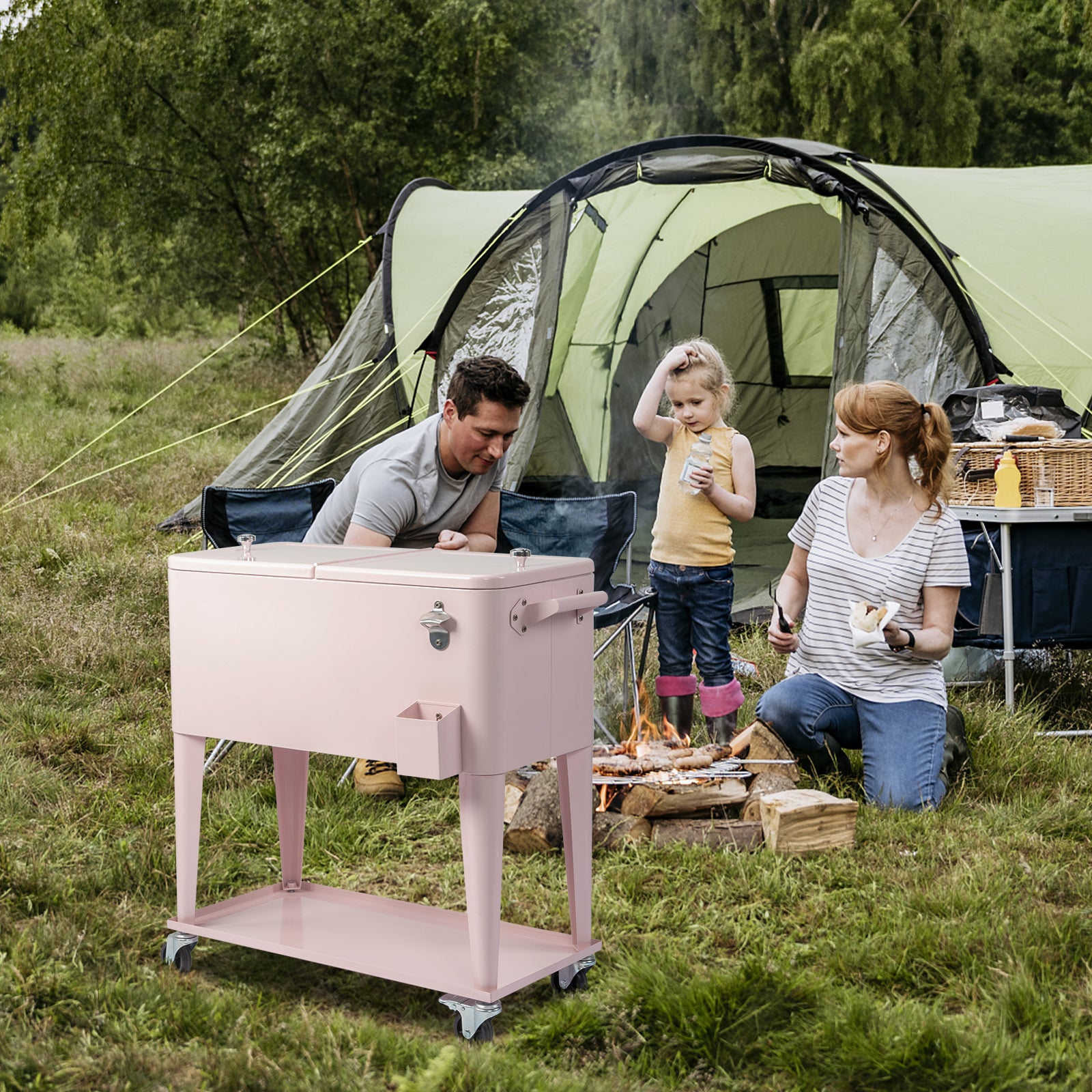 HAOYYE  Pink Box Freezer Incubator, Black Square Foot Tube with Drain Pipe, Portable Cooler with Heating and Cooling Functions for Outdoor Events