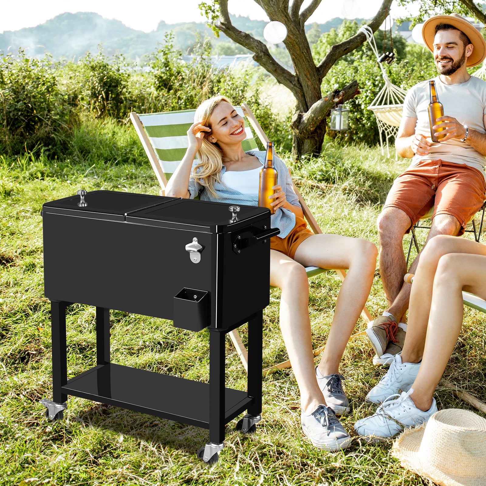 HAOYYE 80Qt Black Rolling Cooler Cart with Drain Pipe Detachable Iron Frame Portable Freezer Incubator for Outdoor Camping Patio BBQ Party Large Capacity Plastic Storage Box