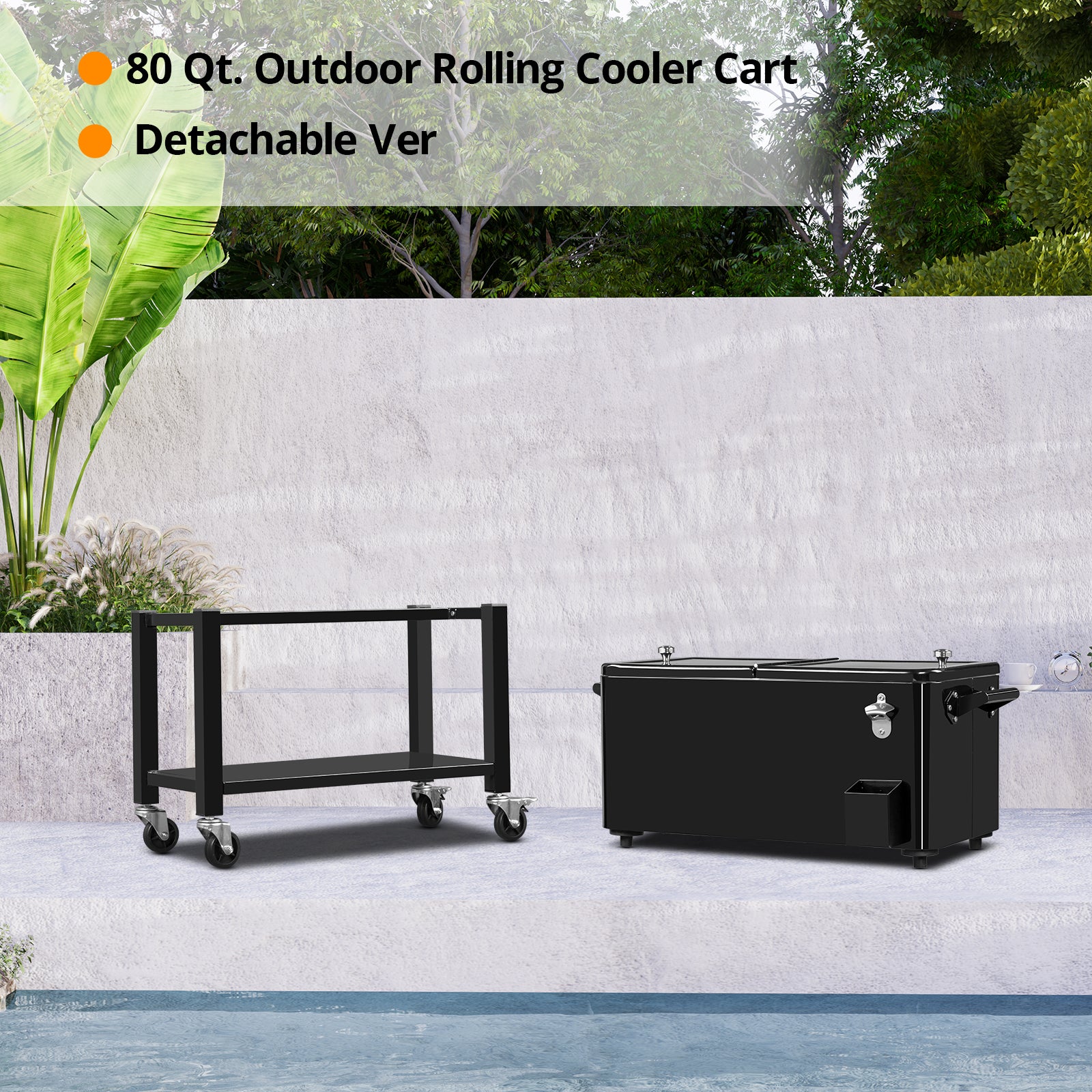 HAOYYE 80Qt Black Rolling Cooler Cart with Drain Pipe Detachable Iron Frame Portable Freezer Incubator for Outdoor Camping Patio BBQ Party Large Capacity Plastic Storage Box