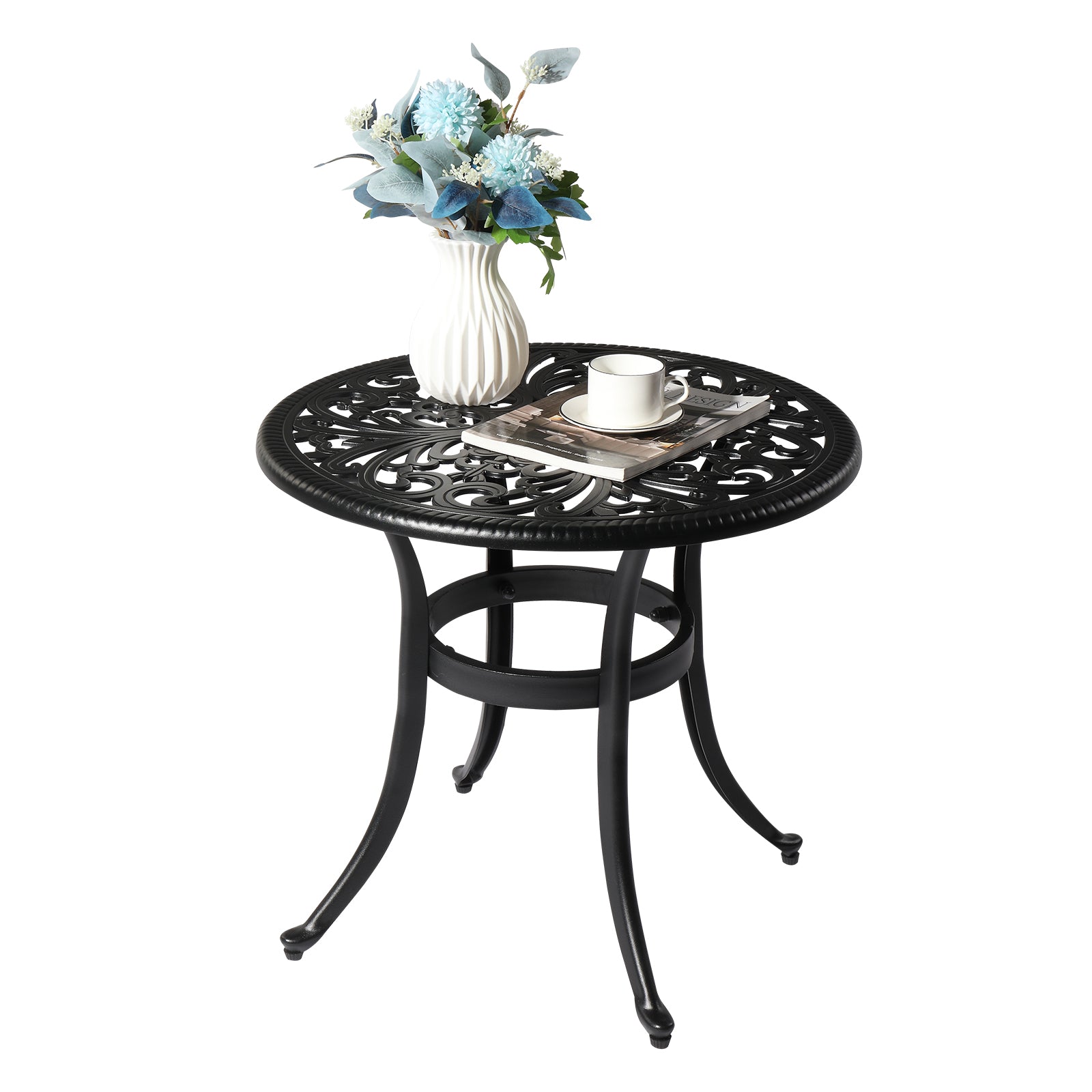 Haoyye Phoenix Cast Aluminum Round Table, Patio Side Table, Outdoor Bar Table, Black, Stylish Cast Aluminum Cocktail Table For Garden Or Terrace