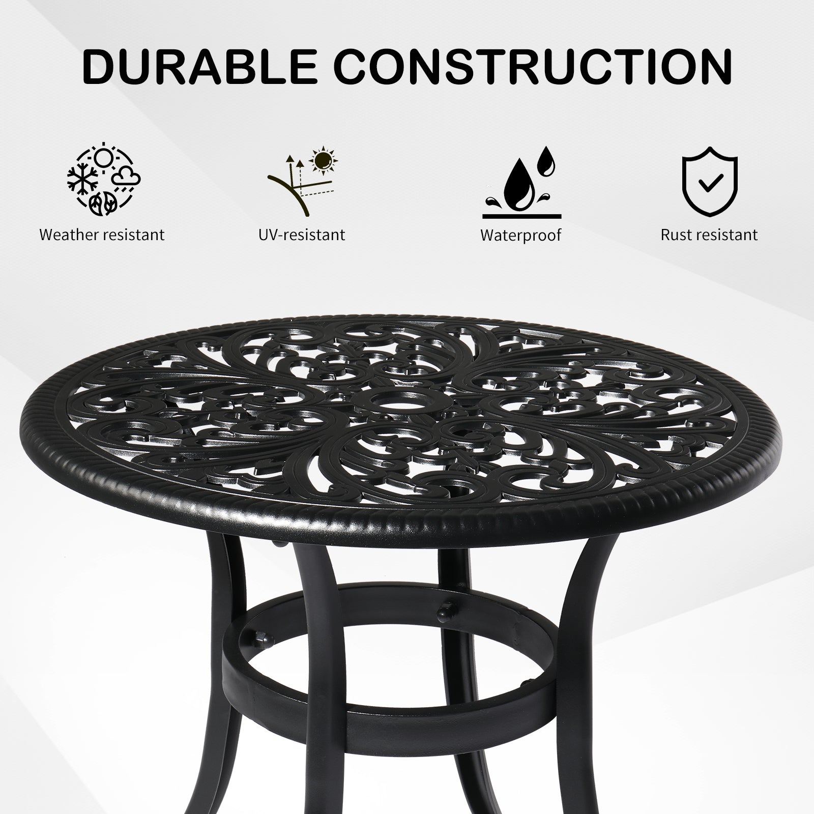 Haoyye Phoenix Cast Aluminum Round Table, Patio Side Table, Outdoor Bar Table, Black, Stylish Cast Aluminum Cocktail Table For Garden Or Terrace