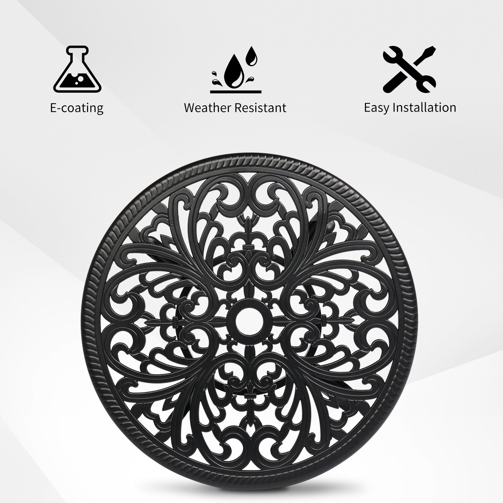 Haoyye Phoenix Cast Aluminum Round Table, Patio Side Table, Outdoor Bar Table, Black, Stylish Cast Aluminum Cocktail Table For Garden Or Terrace