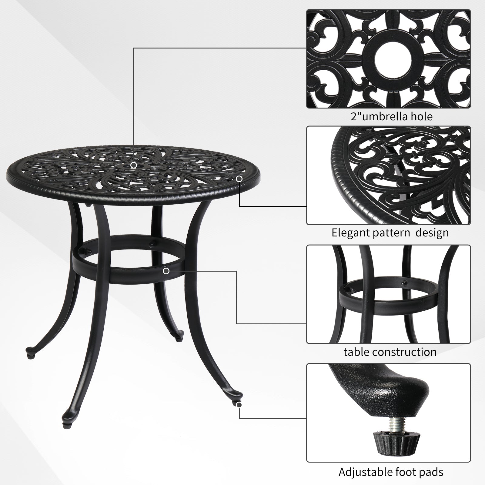 Haoyye Phoenix Cast Aluminum Round Table, Patio Side Table, Outdoor Bar Table, Black, Stylish Cast Aluminum Cocktail Table For Garden Or Terrace