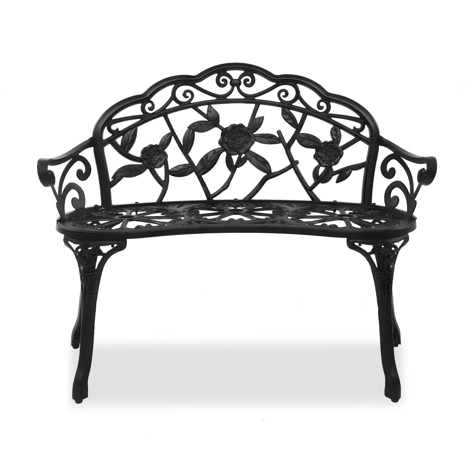 HAOYYE Outdoor Cast Aluminum Patio Bench, Porch Bench Chair with Curved Legs and Rose Pattern, Antique Green Finish, Elegant and Durable for Garden, Patio, or Balcony, Weather-Resistant and Comfortable Seating