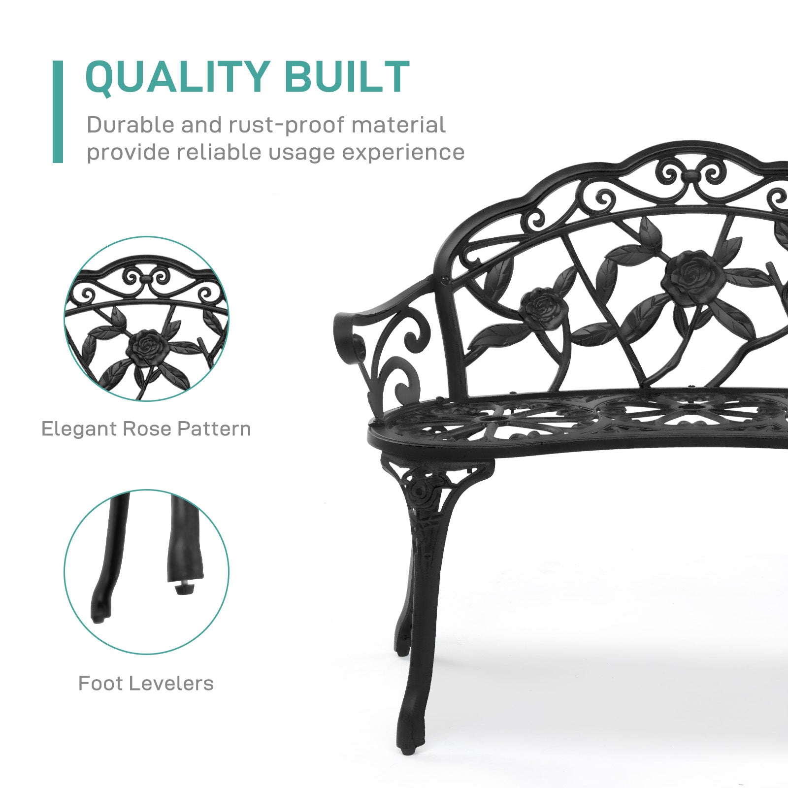HAOYYE Outdoor Cast Aluminum Patio Bench, Porch Bench Chair with Curved Legs and Rose Pattern, Antique Green Finish, Elegant and Durable for Garden, Patio, or Balcony, Weather-Resistant and Comfortable Seating