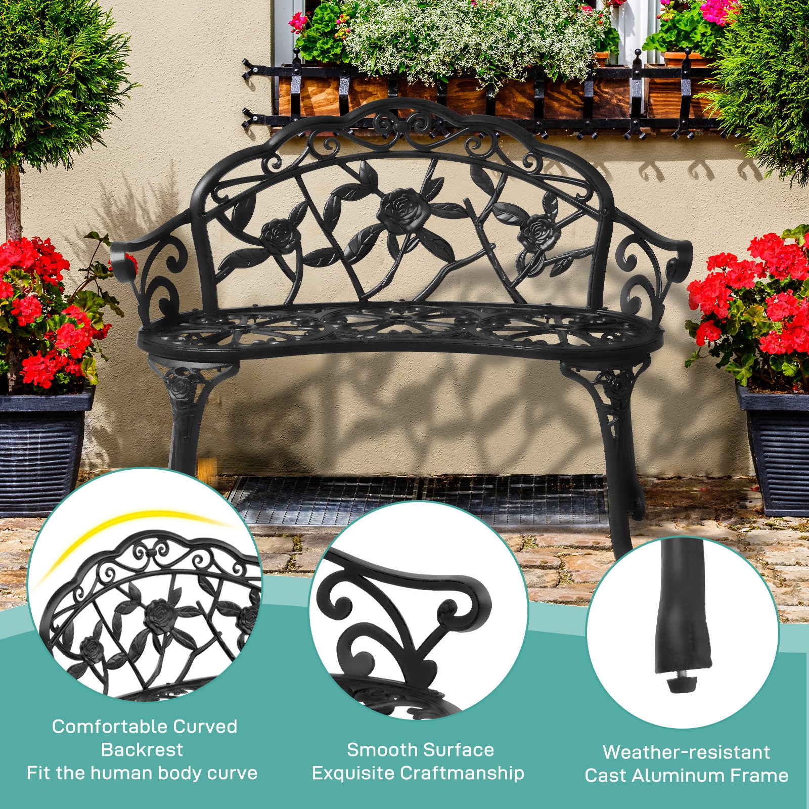 HAOYYE Outdoor Cast Aluminum Patio Bench, Porch Bench Chair with Curved Legs and Rose Pattern, Antique Green Finish, Elegant and Durable for Garden, Patio, or Balcony, Weather-Resistant and Comfortable Seating