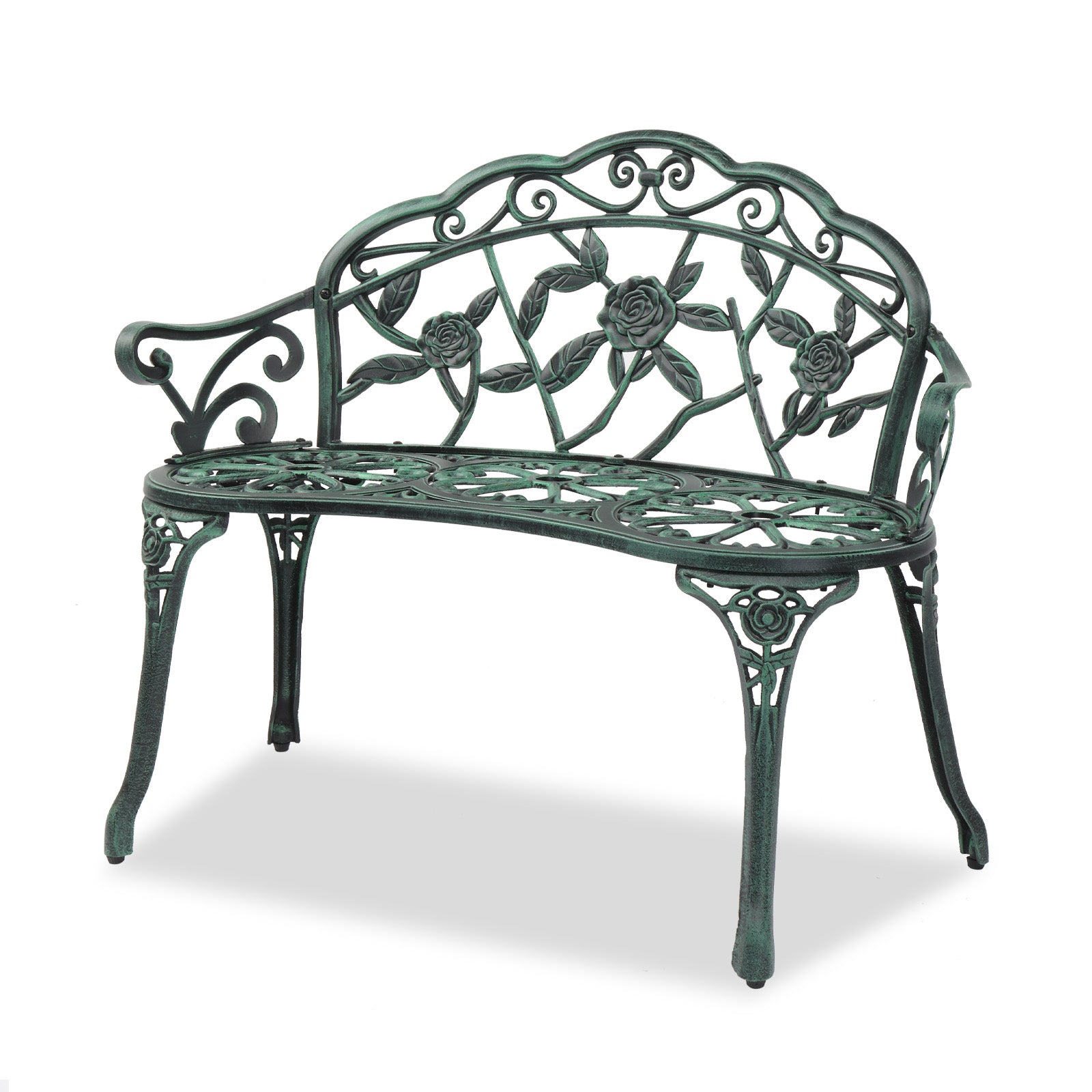 HAOYYE Outdoor Cast Aluminum Patio Bench, Porch Bench Chair with Curved Legs and Rose Pattern, Antique Green Finish, Elegant and Durable for Garden, Patio, or Balcony, Weather-Resistant and Comfortable Seating