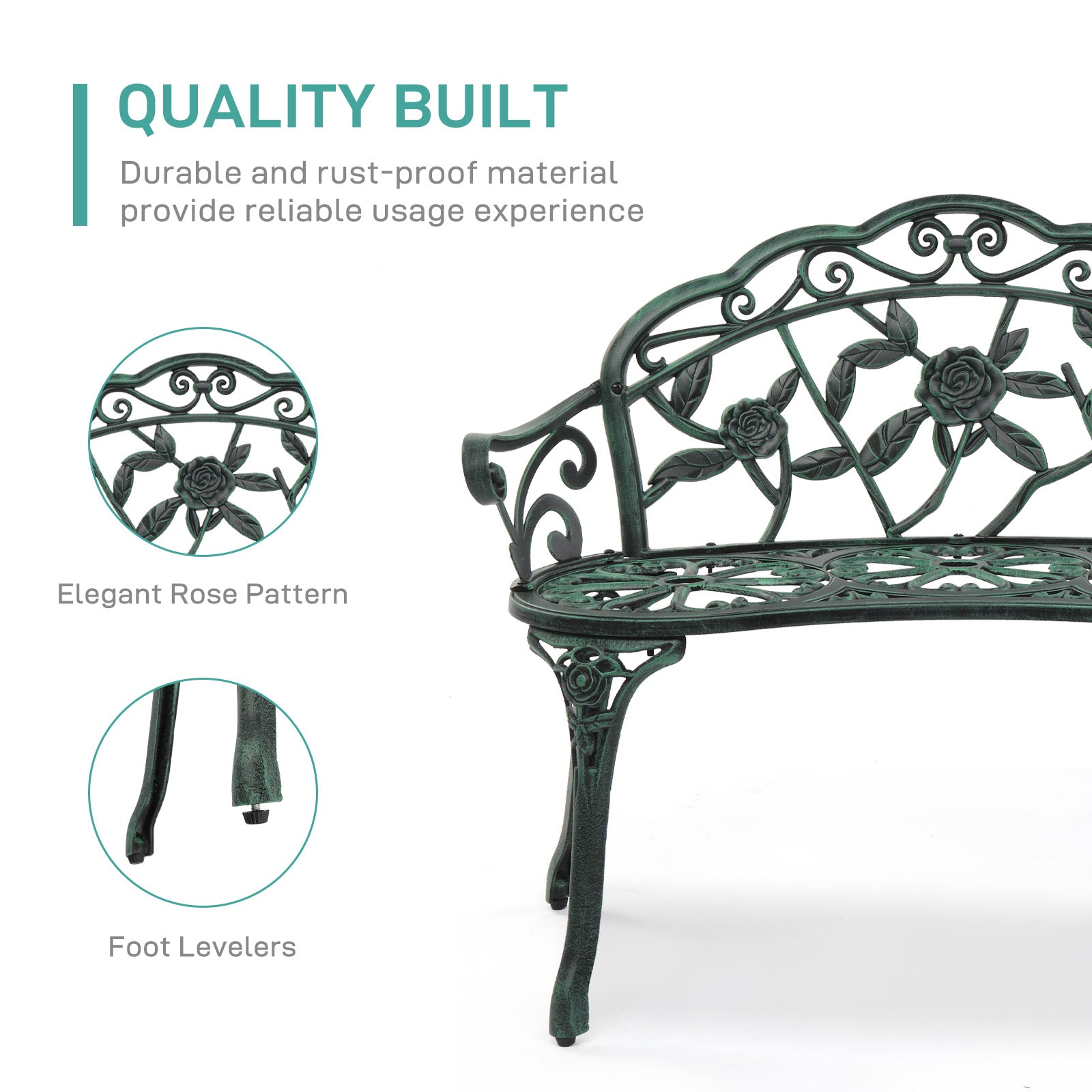 HAOYYE Outdoor Cast Aluminum Patio Bench, Porch Bench Chair with Curved Legs and Rose Pattern, Antique Green Finish, Elegant and Durable for Garden, Patio, or Balcony, Weather-Resistant and Comfortable Seating