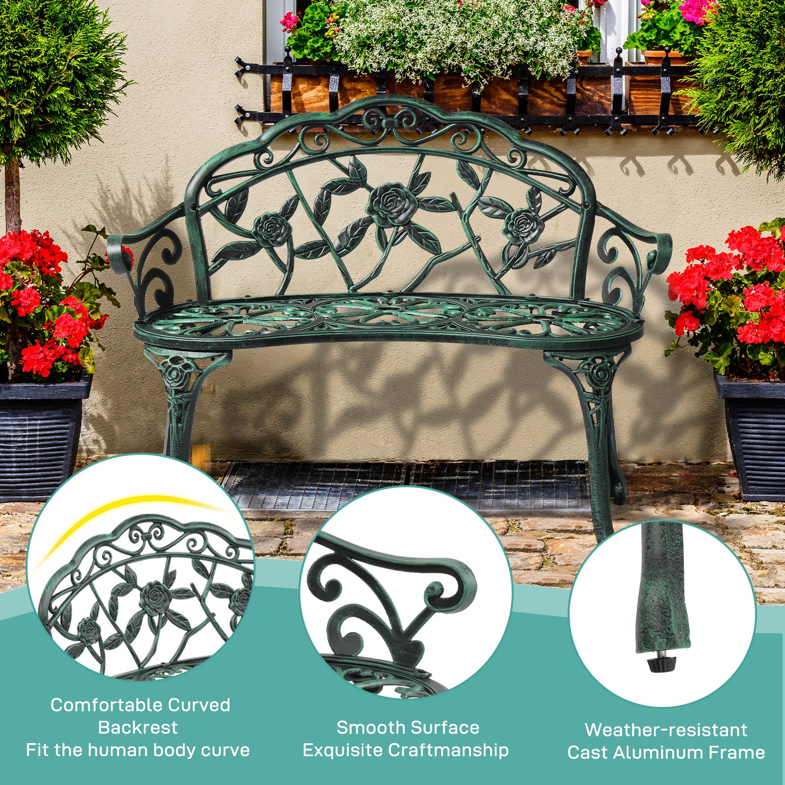 HAOYYE Outdoor Cast Aluminum Patio Bench, Porch Bench Chair with Curved Legs and Rose Pattern, Antique Green Finish, Elegant and Durable for Garden, Patio, or Balcony, Weather-Resistant and Comfortable Seating