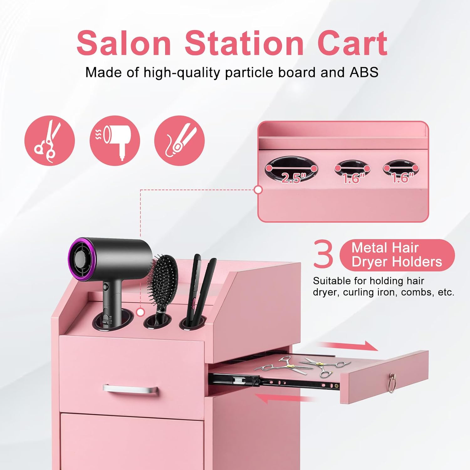 HAOYYE Hair Salon Storage Cart With Wheels, 3 Hair Dryer Holders, 4 Lockable Drawers With 2 Keys, Mobile Hairdressing Tools Station, Portable Makeup Case In Pink, Space-Saving And Durable Professional Organizer