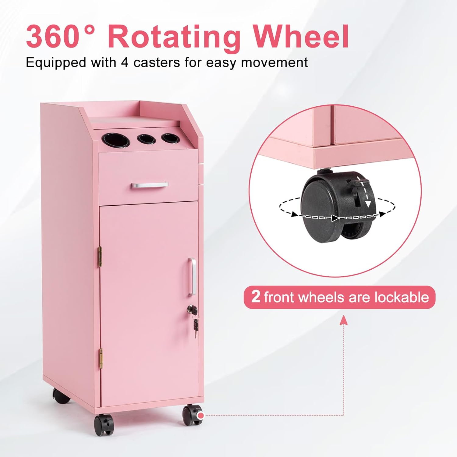 HAOYYE Hair Salon Storage Cart With Wheels, 3 Hair Dryer Holders, 4 Lockable Drawers With 2 Keys, Mobile Hairdressing Tools Station, Portable Makeup Case In Pink, Space-Saving And Durable Professional Organizer