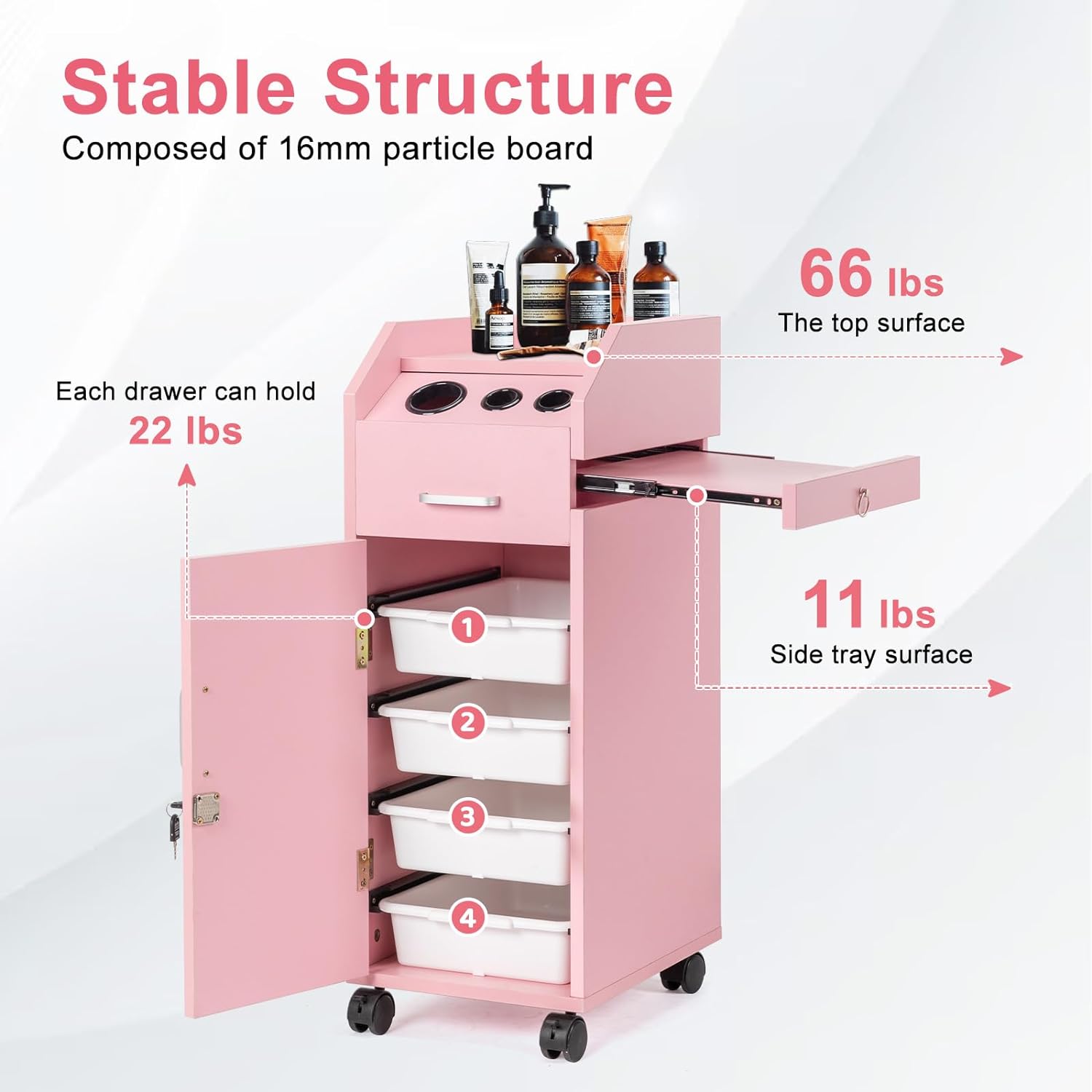 HAOYYE Hair Salon Storage Cart With Wheels, 3 Hair Dryer Holders, 4 Lockable Drawers With 2 Keys, Mobile Hairdressing Tools Station, Portable Makeup Case In Pink, Space-Saving And Durable Professional Organizer