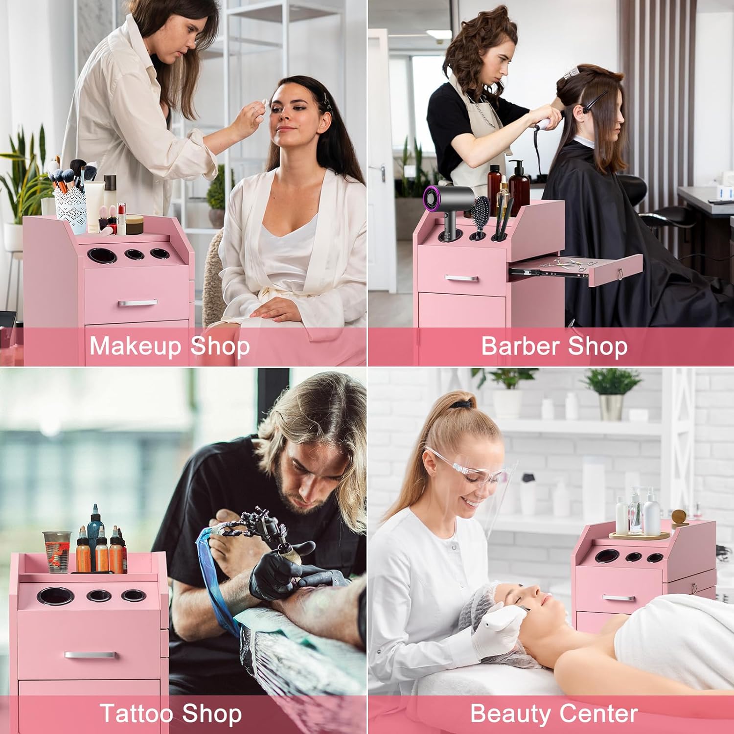 HAOYYE Hair Salon Storage Cart With Wheels, 3 Hair Dryer Holders, 4 Lockable Drawers With 2 Keys, Mobile Hairdressing Tools Station, Portable Makeup Case In Pink, Space-Saving And Durable Professional Organizer
