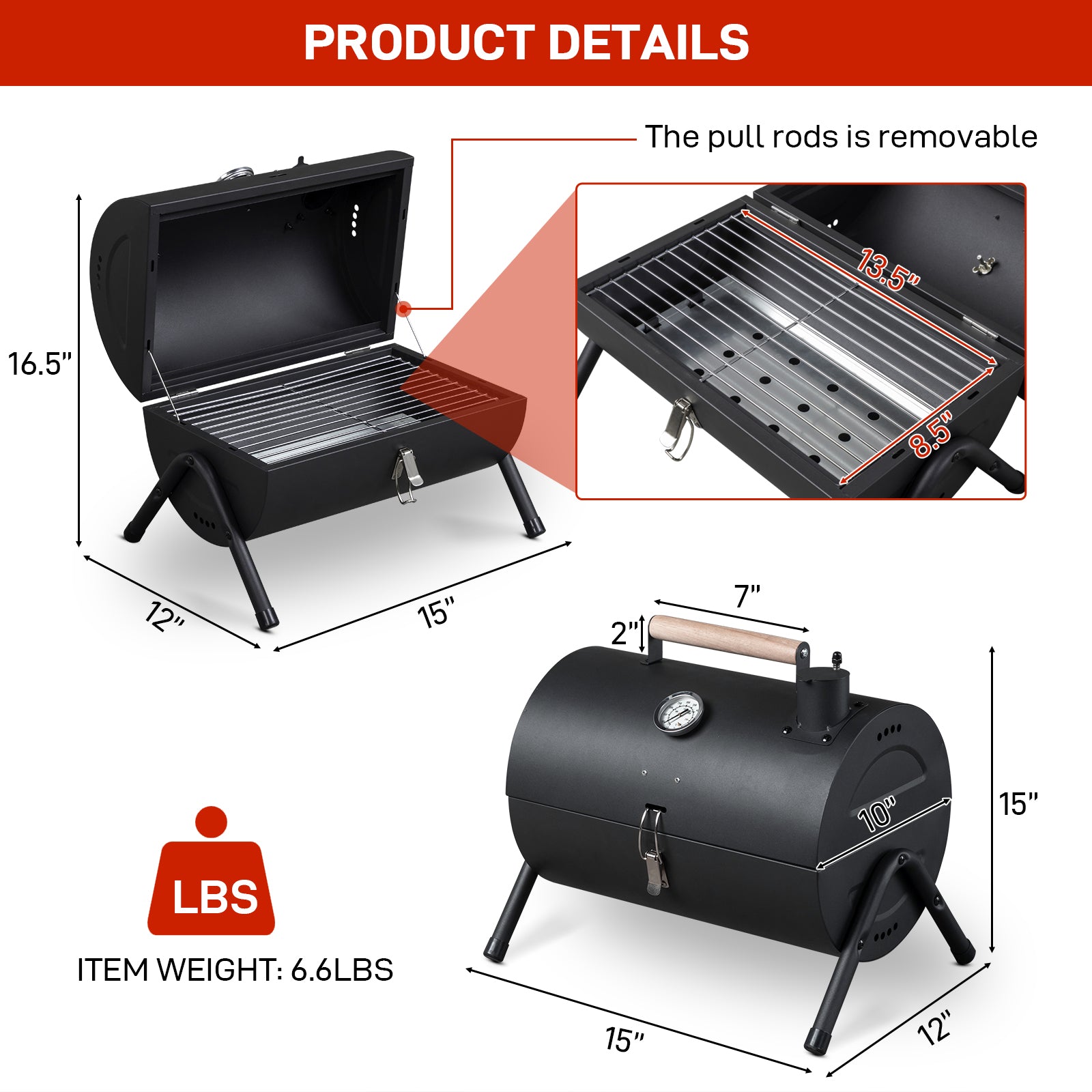 HAOYYE Portable Charcoal Grill with Built-in Thermometer Wooden Handle Compact Tabletop BBQ Grill for Outdoor Camping Backyard Parties