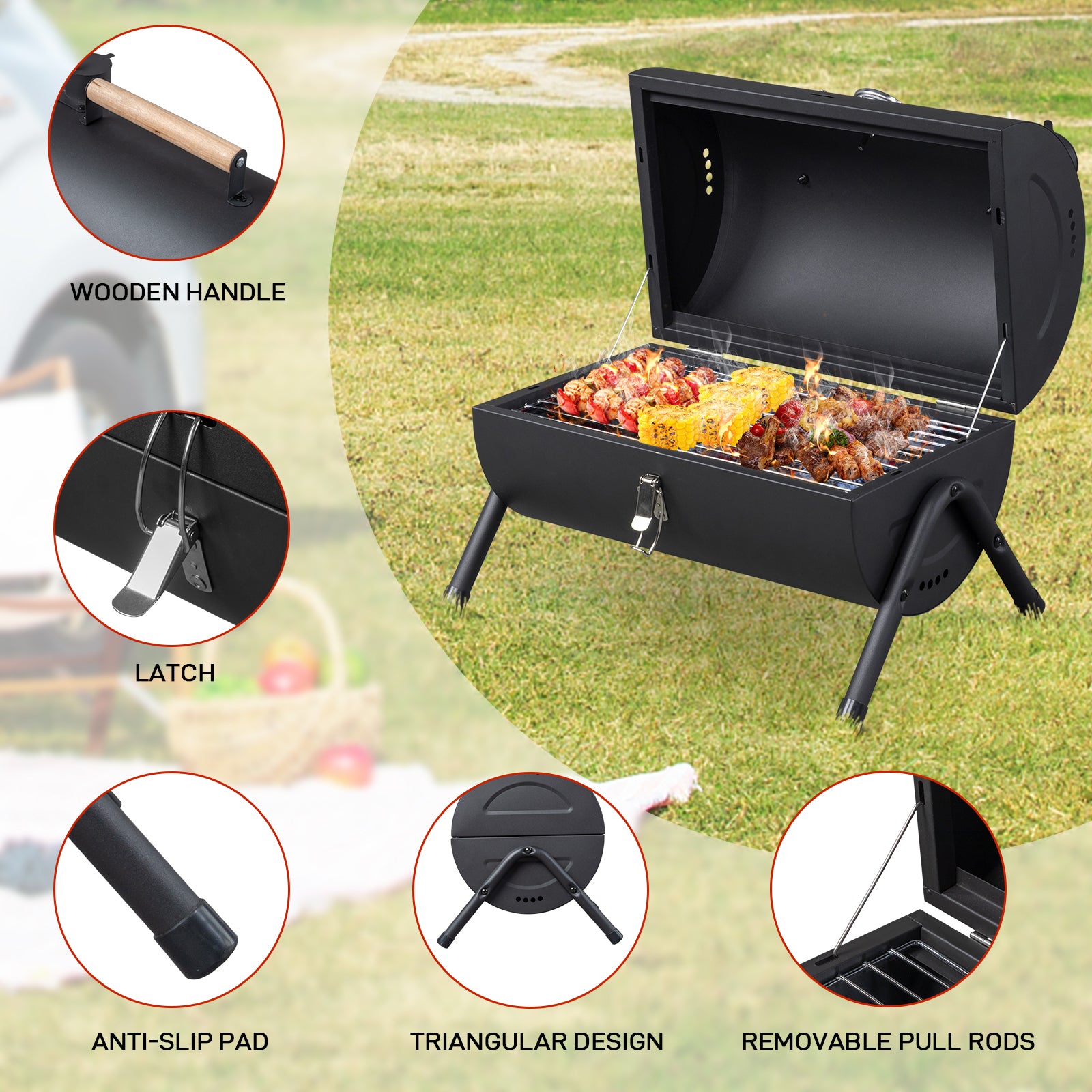 HAOYYE Portable Charcoal Grill with Built-in Thermometer Wooden Handle Compact Tabletop BBQ Grill for Outdoor Camping Backyard Parties