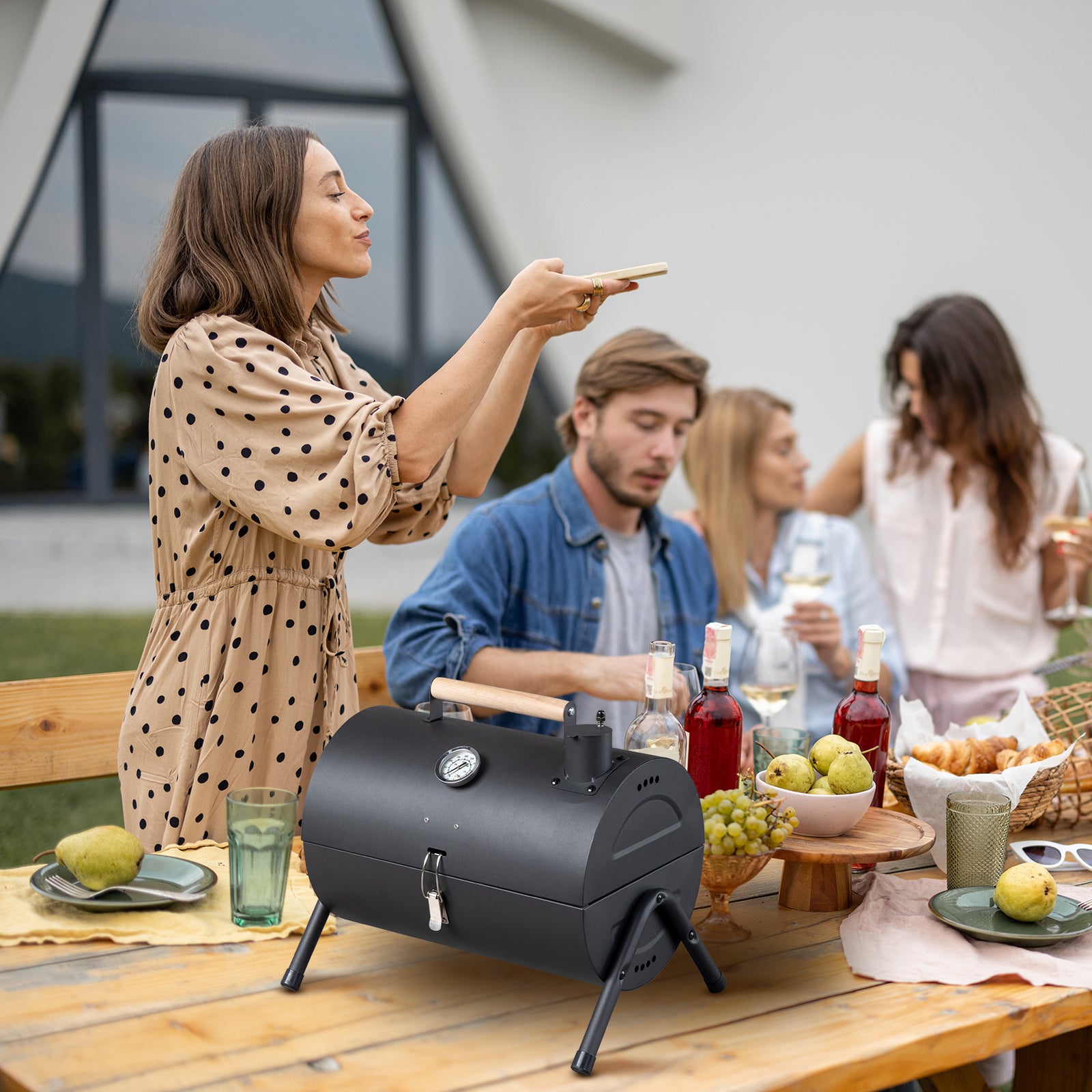 HAOYYE Portable Charcoal Grill with Built-in Thermometer Wooden Handle Compact Tabletop BBQ Grill for Outdoor Camping Backyard Parties