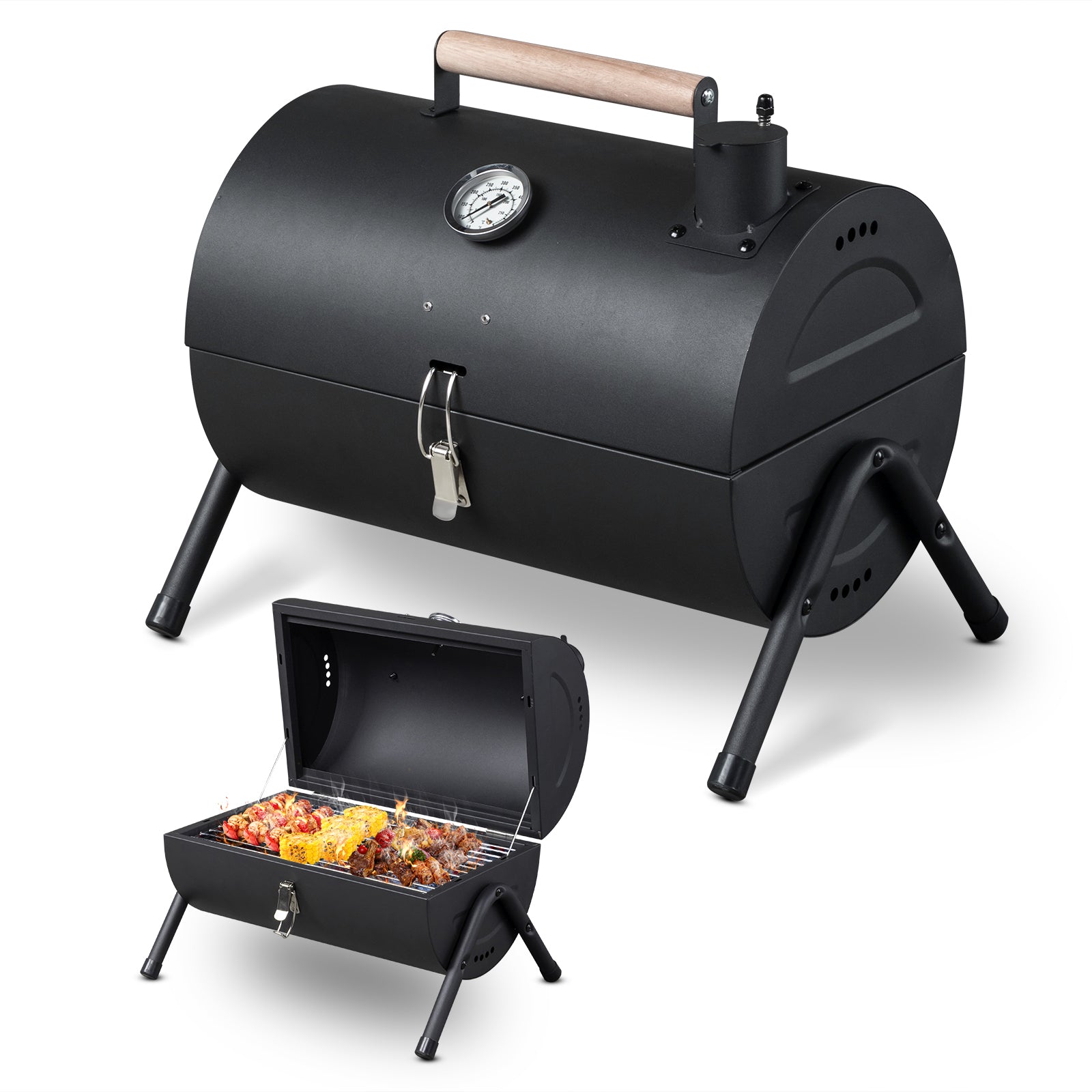 HAOYYE Portable Charcoal Grill with Built-in Thermometer Wooden Handle Compact Tabletop BBQ Grill for Outdoor Camping Backyard Parties
