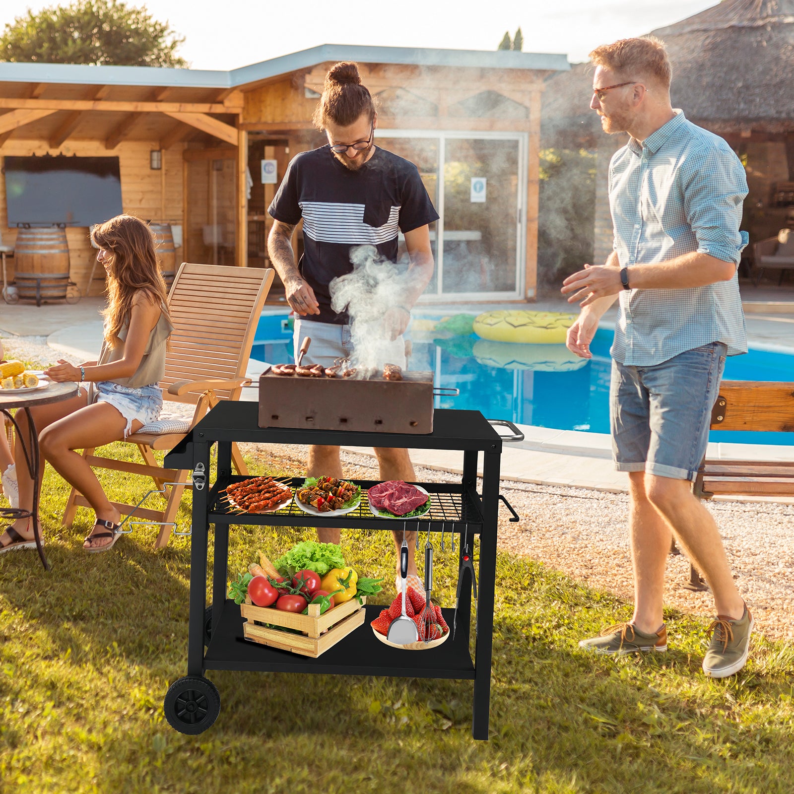 HAOYYE Outdoor Grill Cart Three Shelf BBQ Table with Wheels and Hooks, Movable Black Prep Station with Storage Rack, Spice Rack and Bottle Opener, Heavy Duty Metal Barbecue Trolley for Backyard Cooking Camping Patio