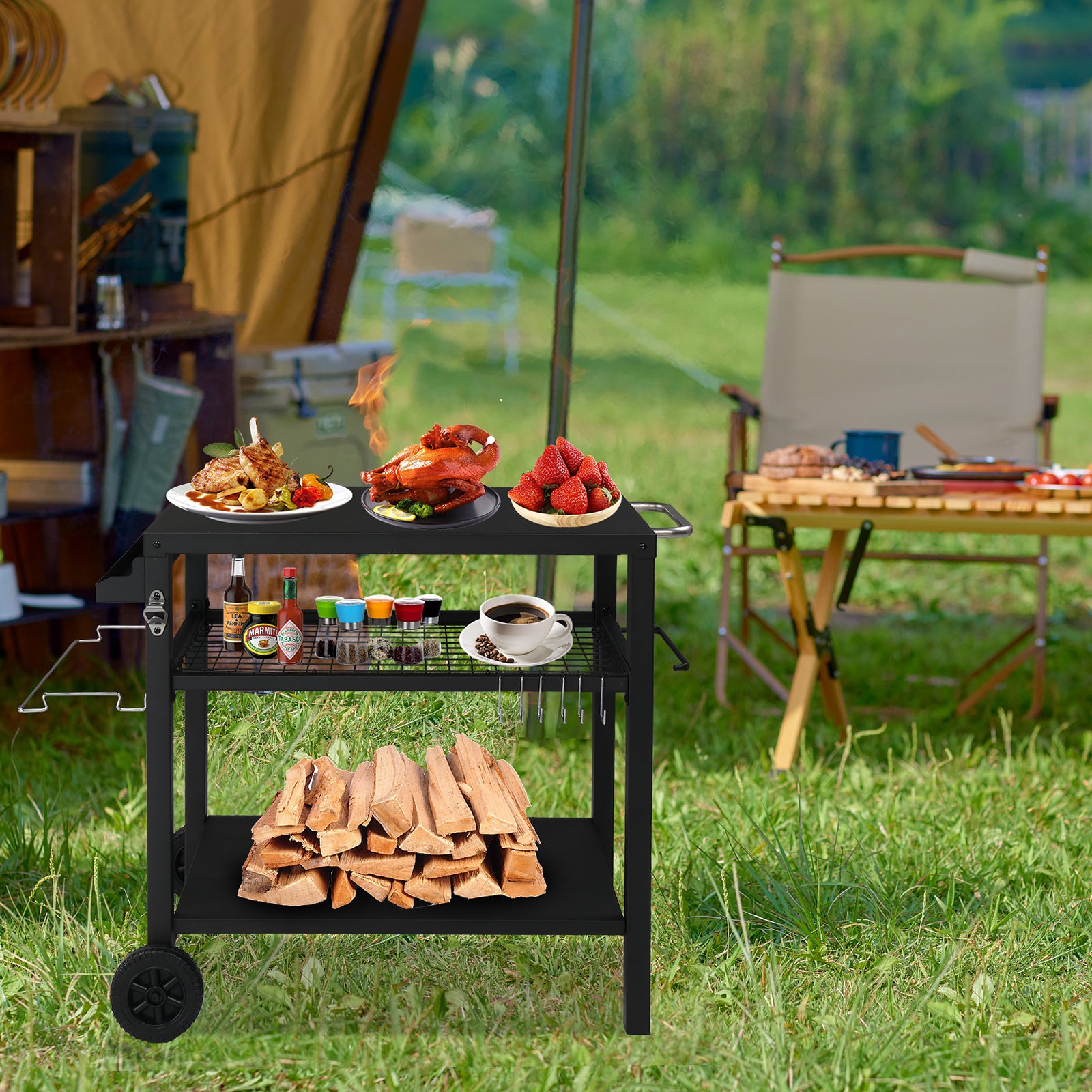 HAOYYE Outdoor Grill Cart Three Shelf BBQ Table with Wheels and Hooks, Movable Black Prep Station with Storage Rack, Spice Rack and Bottle Opener, Heavy Duty Metal Barbecue Trolley for Backyard Cooking Camping Patio